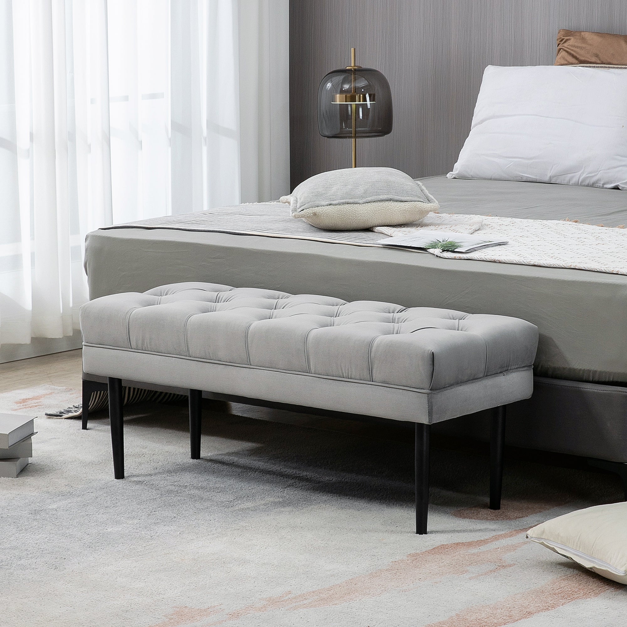 HOMCOM Velvet Bed End Bench, Button Tufted Window Seat, Hallway Shoe Bench, Upholstered Accent Lounge Chair Stool for Living Room, Bedroom, Grey - North Peak Garden Furniture