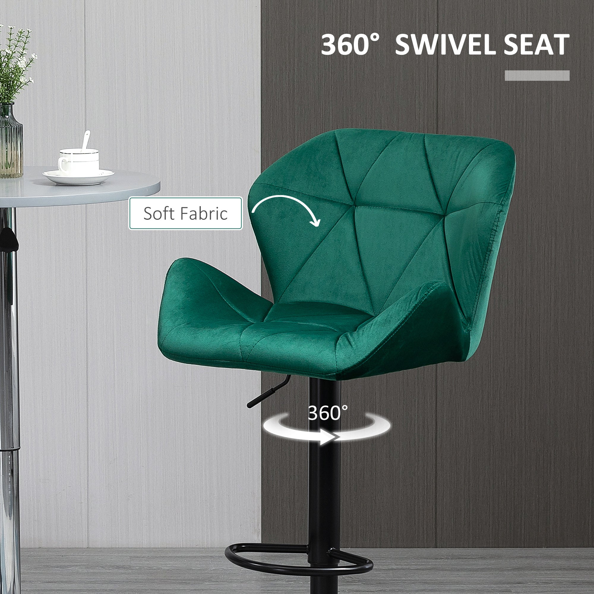 HOMCOM Bar Stools Set Of 2, Luxurious Velvet-Touch Barstools with Metal Frame Footrest Round Base Triangle Indenting Moulded Seat Adjustable Height Swivel Green - North Peak Garden Furniture