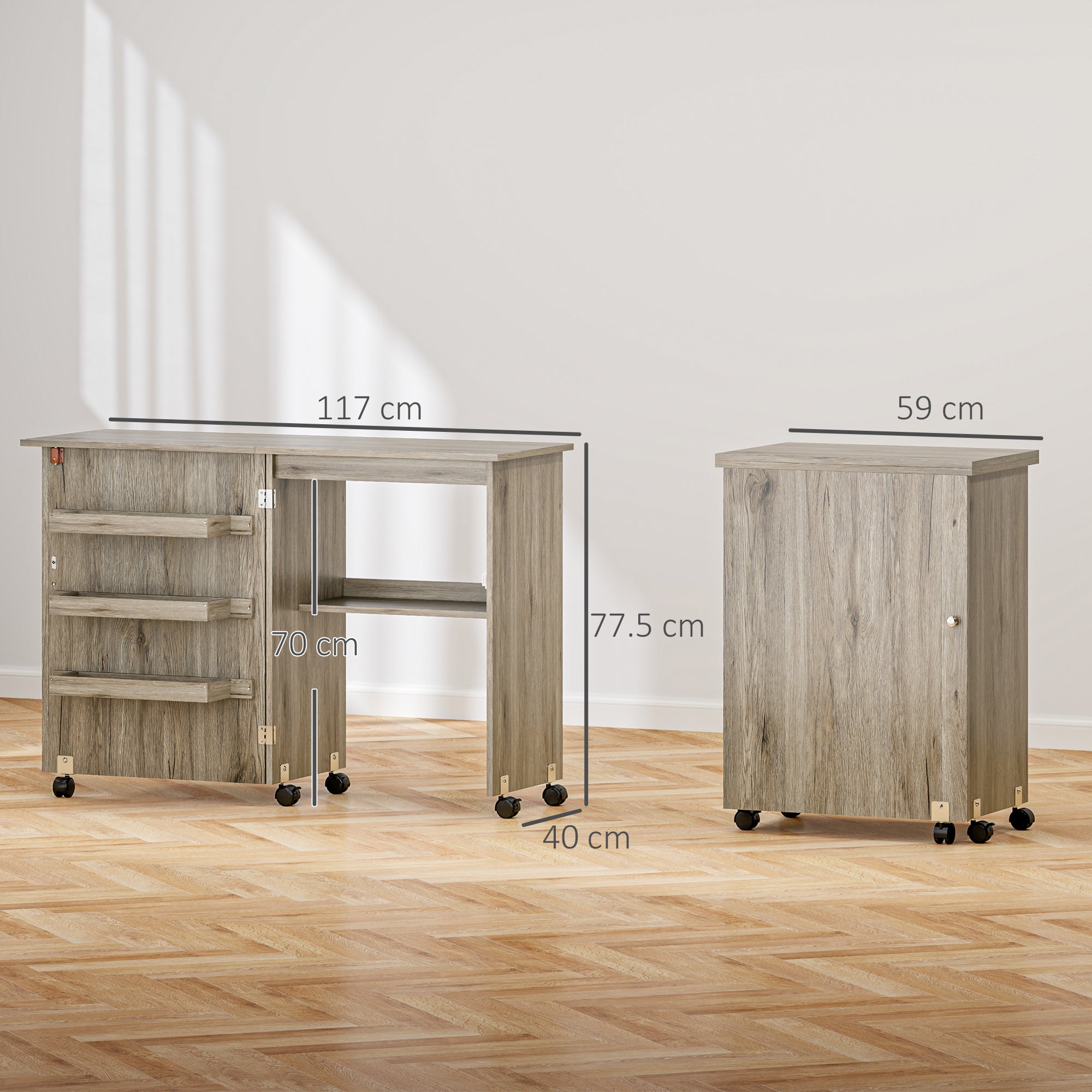 HOMCOM Folding Sewing Table, Drop Leaf Craft Table with Storage Bins, Open Shelf and Wheels, Rolling Sewing Machine Cabinet Computer Desk for Small Space, Grey - North Peak Garden Furniture