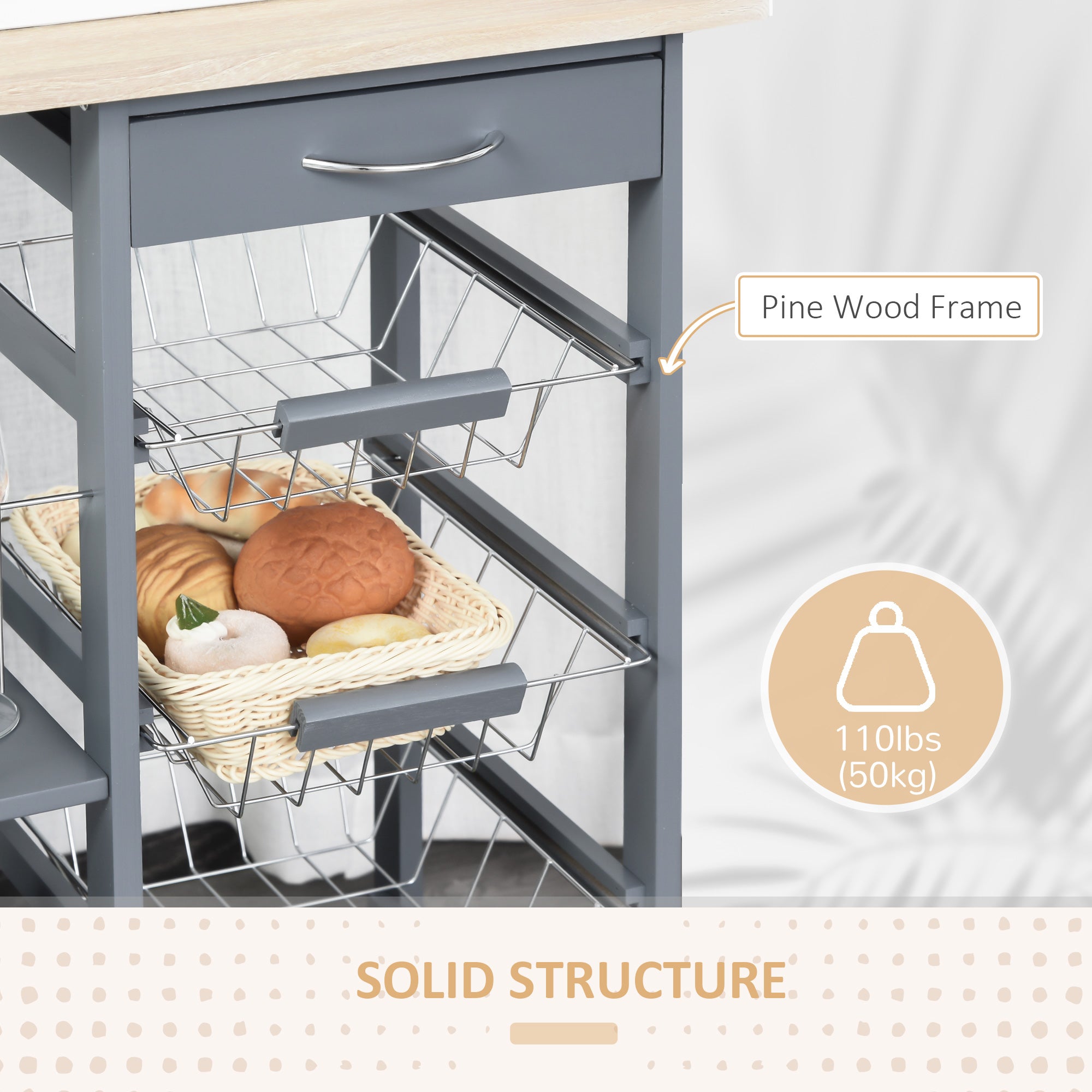 HOMCOM Rolling Kitchen Cart, Utility Storage Cart with 4 Basket Drawers & Side Racks, Wheels for Dining Room, Grey - North Peak Garden Furniture
