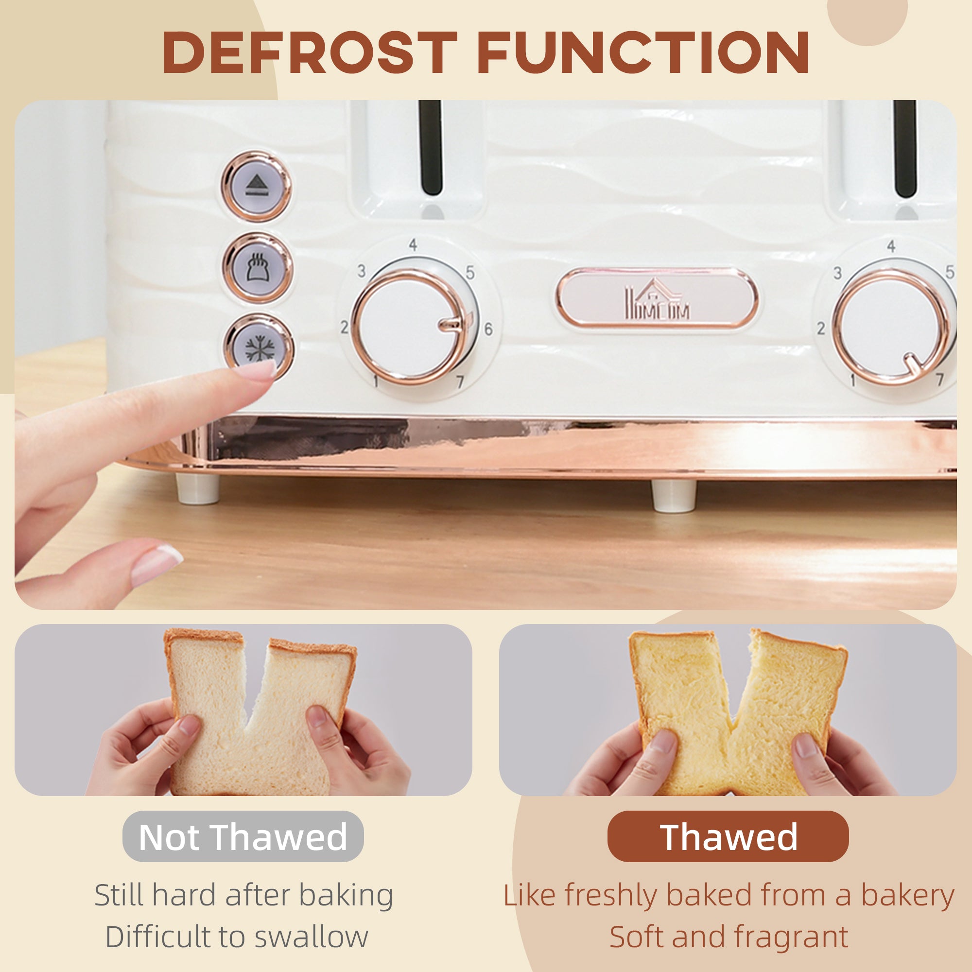 HOMCOM 4 Slice Toaster with 7 Browning Levels, High Lift, Reheat/Defrost/Cancel, Self-centring Function, Removable Crumb Tray, Auto Off, 1600W, Cream White Water Ripple Texture - North Peak Garden Furniture