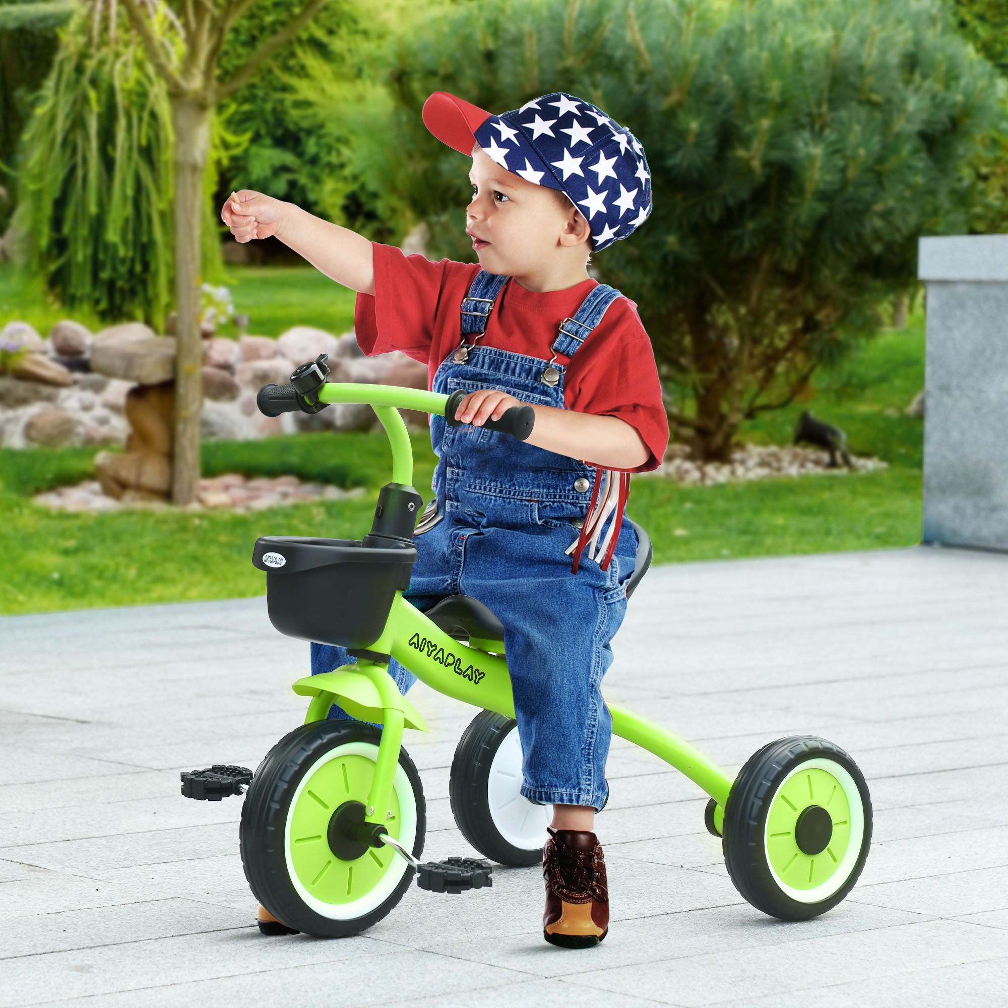 AIYAPLAY Kids Trike, Tricycle, with Adjustable Seat, Basket, Bell, for Ages 2-5 Years - Green - North Peak Garden Furniture