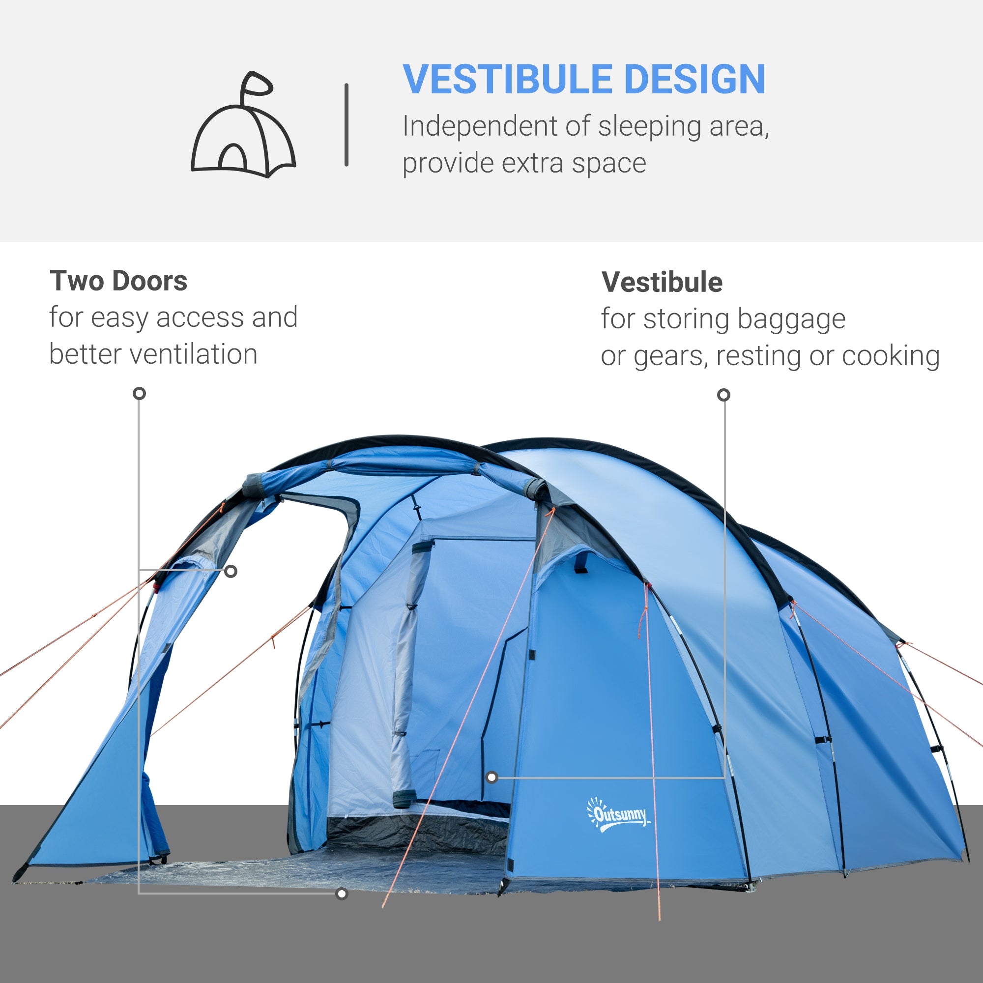 Outsunny 2-3 Man Tunnel Tents w/ Vestibule Camping Tent Porch Air Vents Rainfly Weather-Resistant Shelter Fishing Hiking Festival Shelter Home - North Peak Garden Furniture