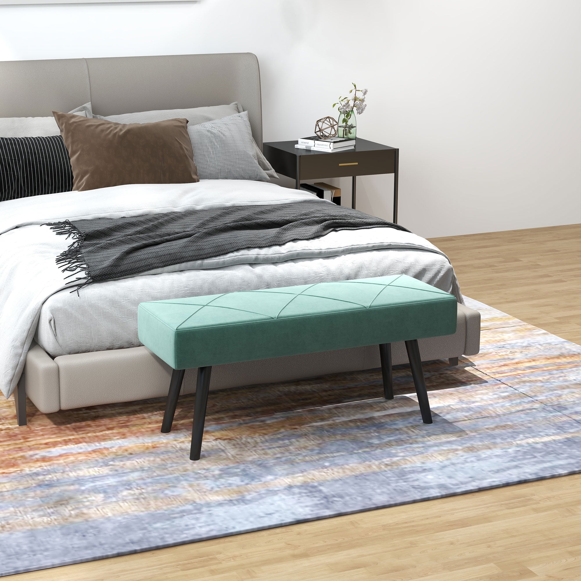 HOMCOM End of Bed Bench with X-Shape Design and Steel Legs, Upholstered Hallway Bench for Bedroom, Green - North Peak Garden Furniture