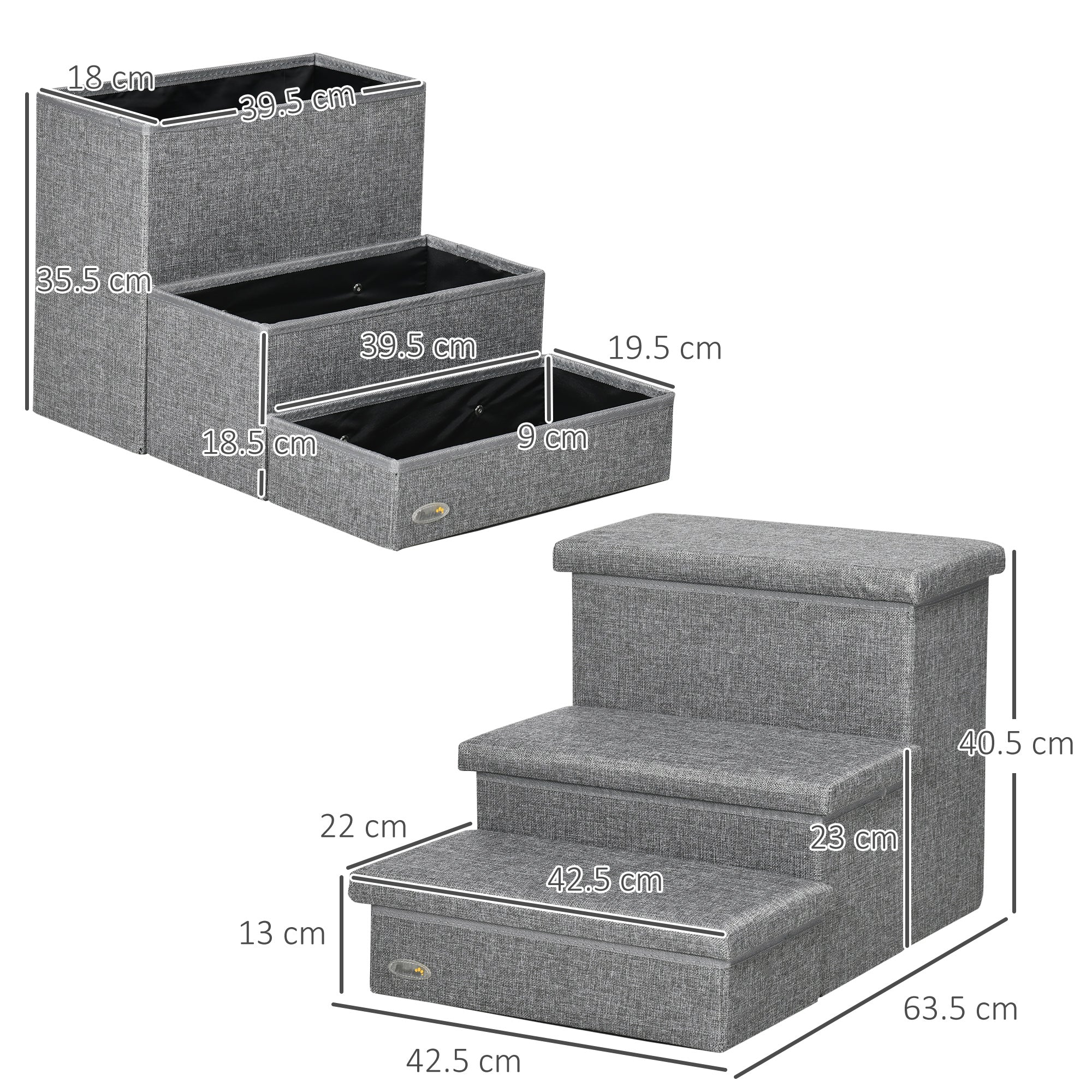 PawHut 3 Steps Pet Stairs, with Storage Boxes, for Bed, Couches - Grey - North Peak Garden Furniture