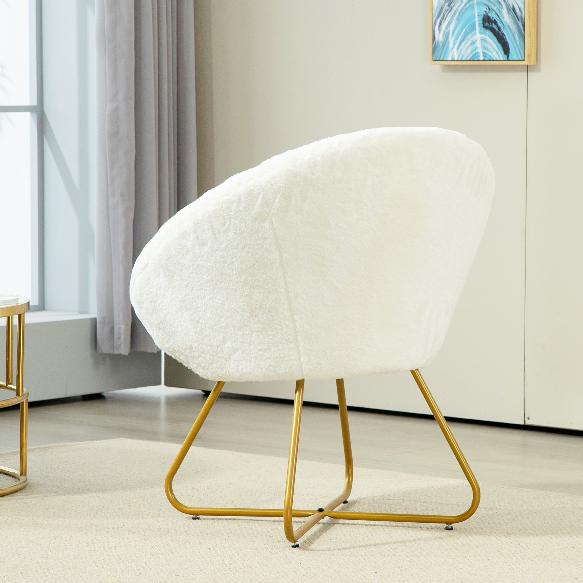 HOMCOM Faux Fur Accent Chair with Golden Metal Legs, Upholstered Comfy Chair with Non-Slip Footpads, Seat Cushion for Bedroom, Living Room and Office, White