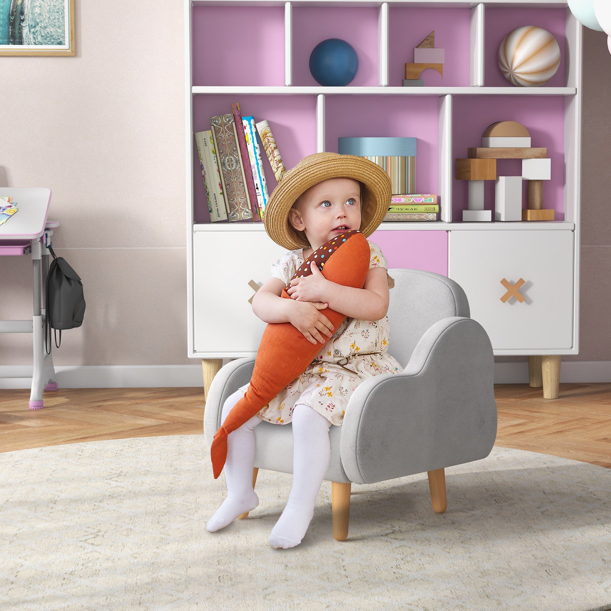 ZONEKIZ Kids Armchair Toddler Sofa Children Chair with Arm Rest, Wooden Frame, Velvet, PP Legs, Cloud Shape, for Ages 1.5-3 Years - Grey - North Peak Garden Furniture