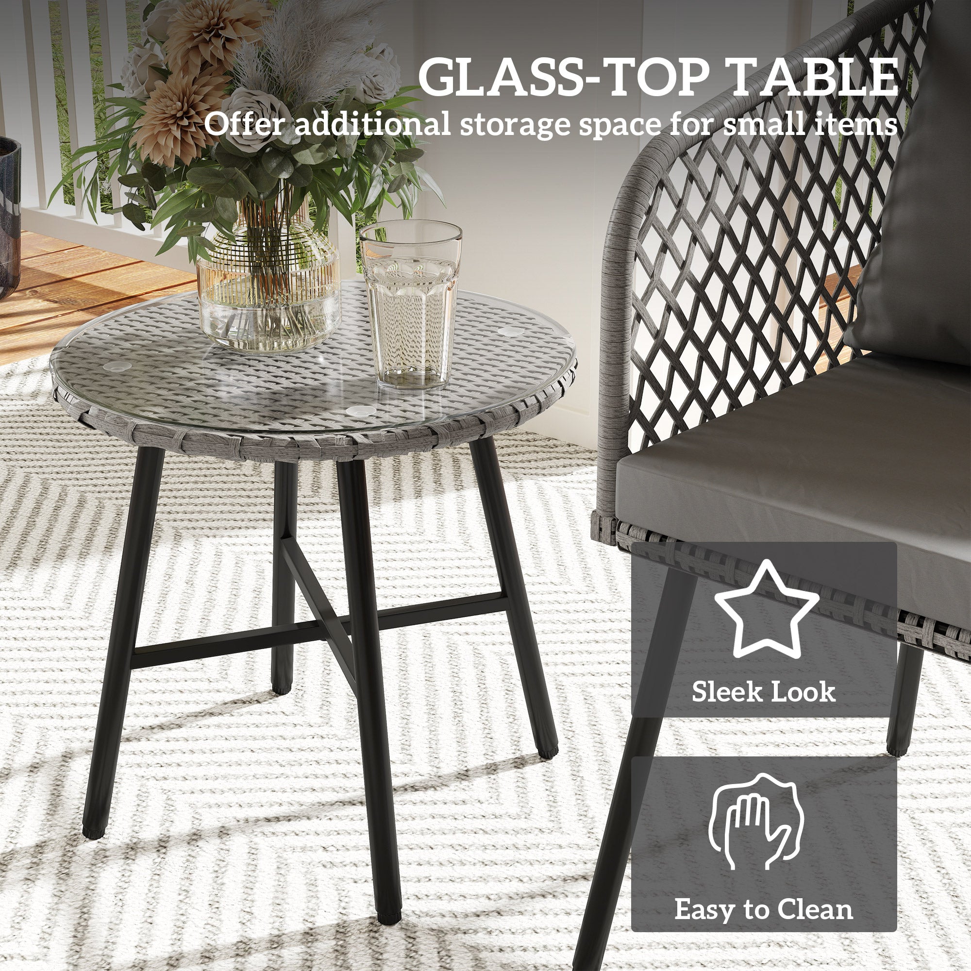 Outsunny Three-Piece Cut-Out Rattan Chair and Table Set - Grey - North Peak Garden Furniture