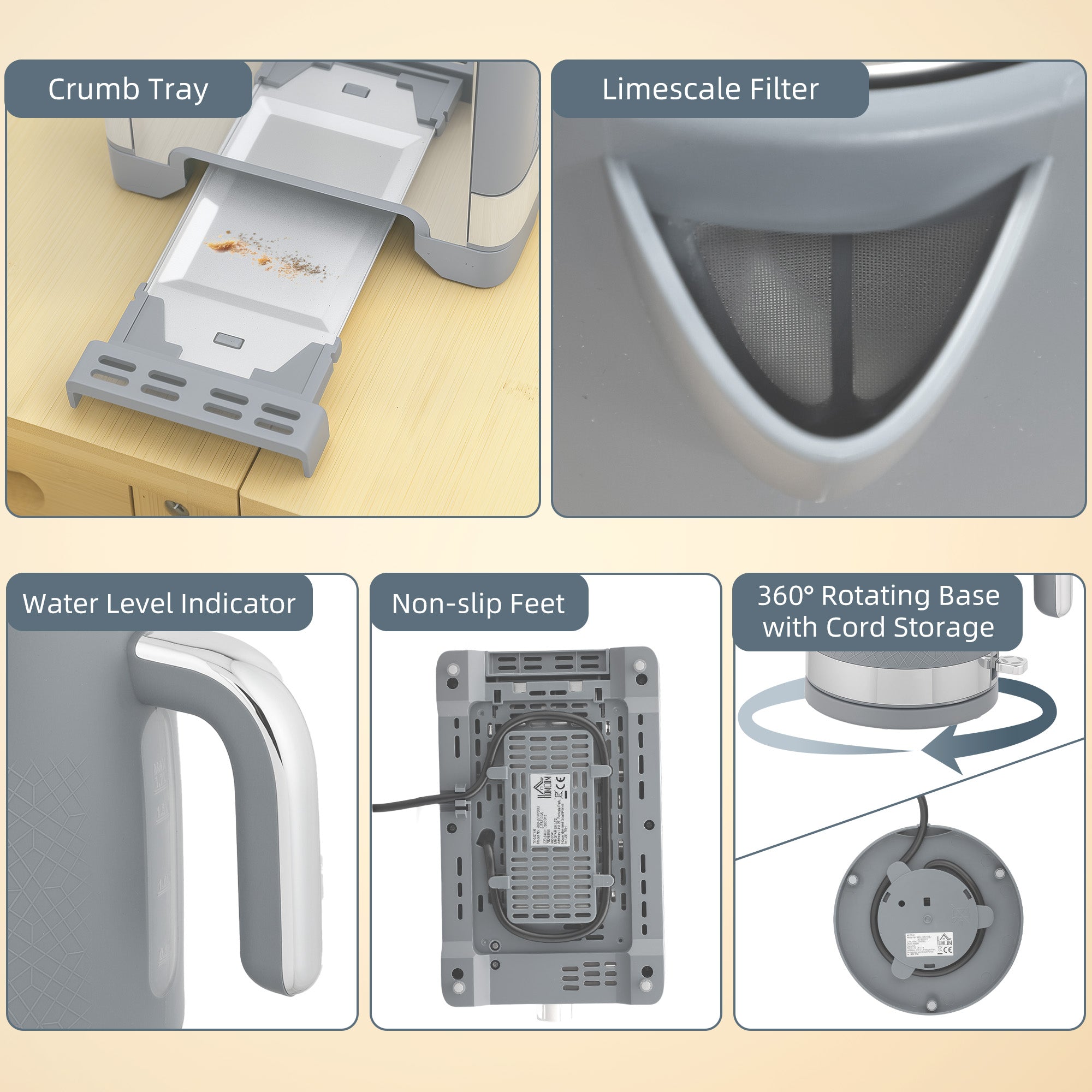 HOMCOM Sleek Textured Kettle and Toaster Set - Grey