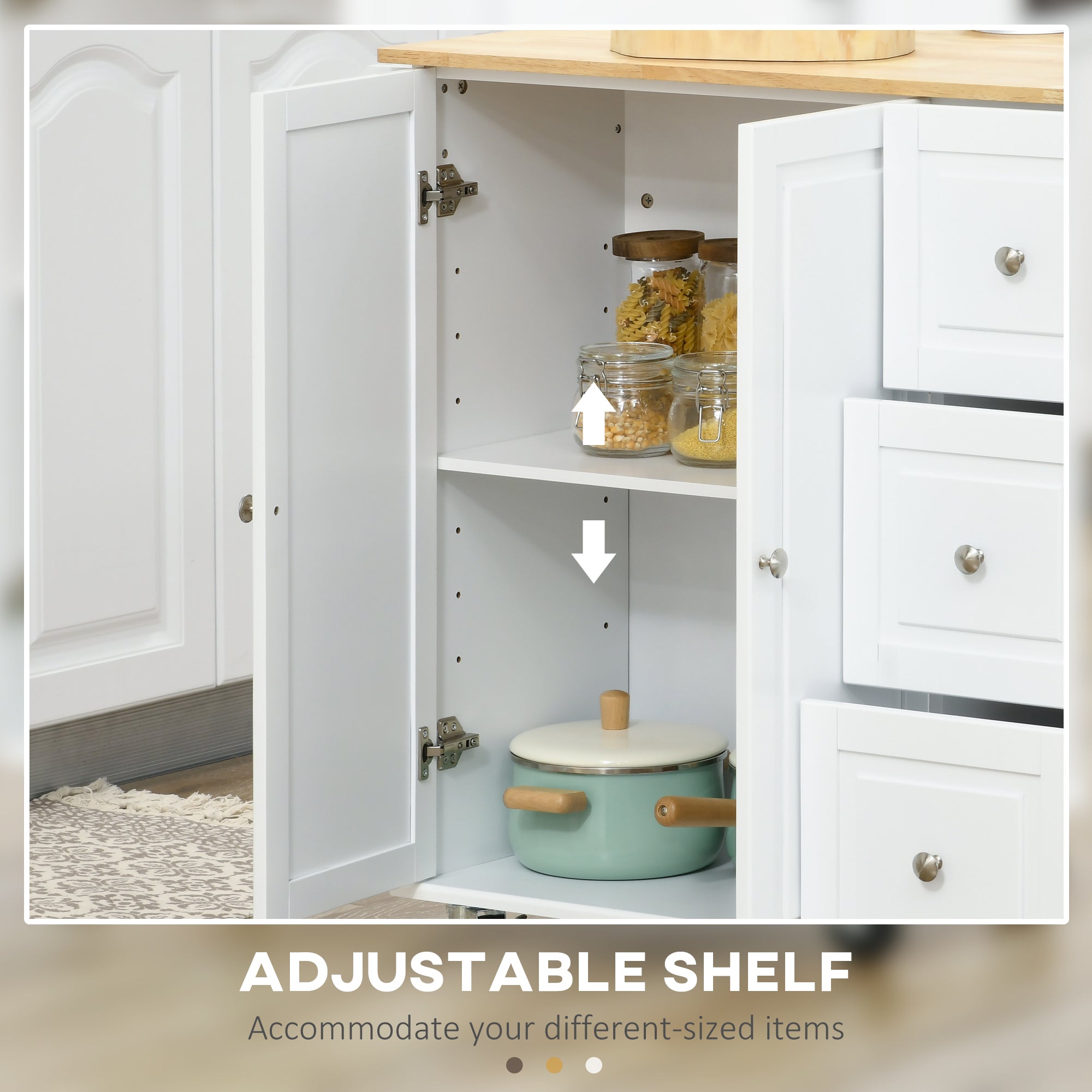 HOMCOM Kitchen Island with Drop Leaf, Rolling Kitchen Storage Trolley on Wheels with 3 Drawers, Spice Rack and Towel Rack, Storage Cart with Rubber Wood Top, White - North Peak Garden Furniture