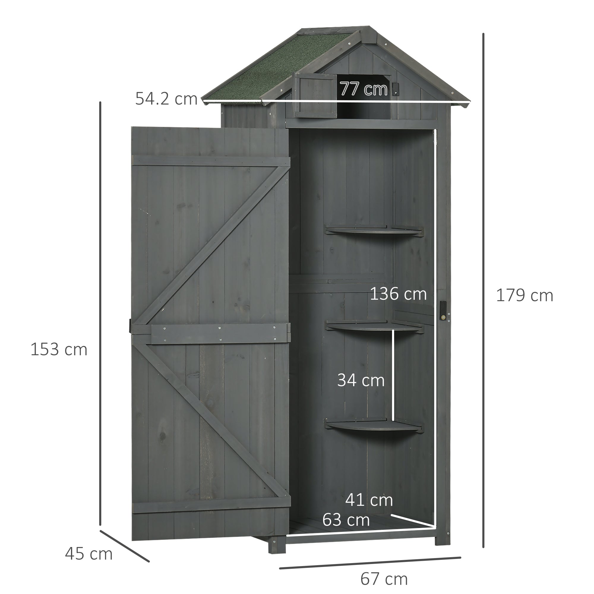 Outsunny Wooden Garden Shed, Utility Outdoor Small Shed with Lockable Double Doors, Shelves and Roof Hatch, Grey - North Peak Garden Furniture