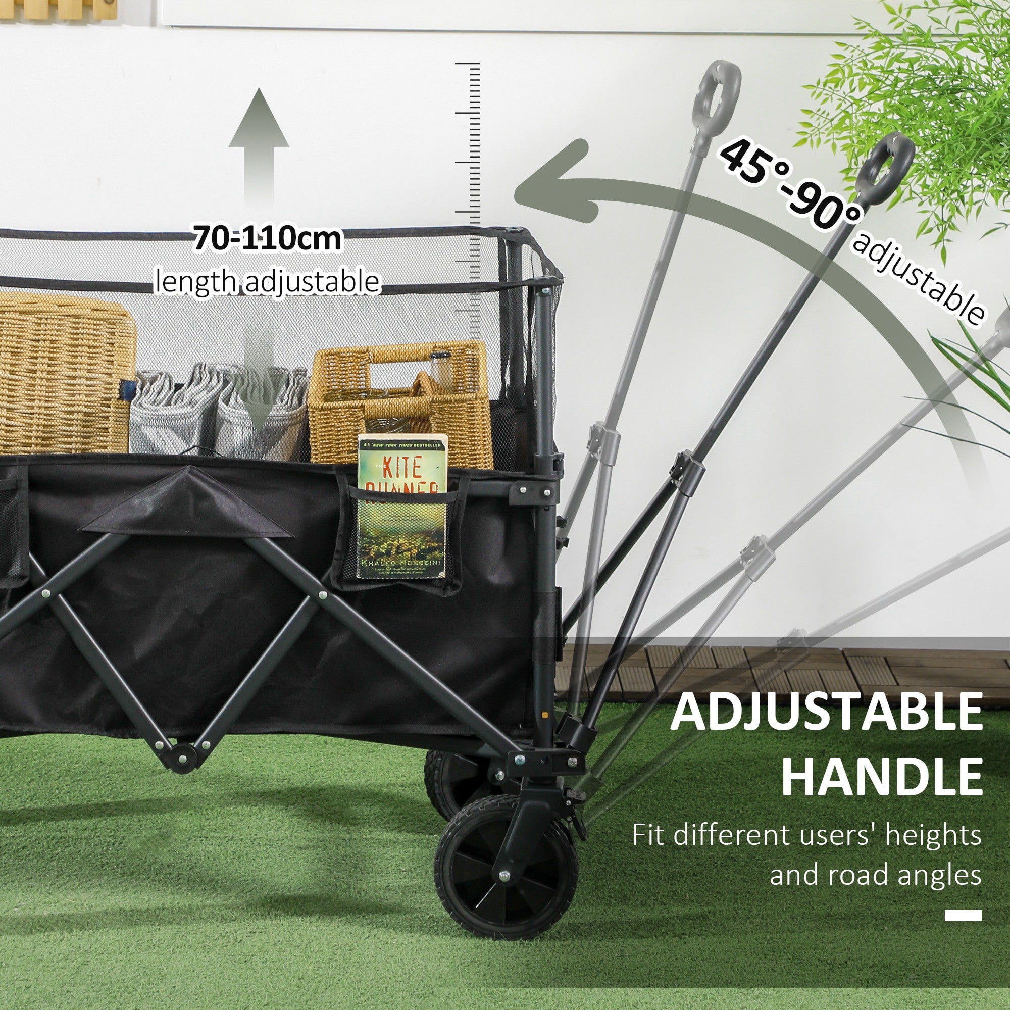 Outsunny Folding Garden Trolley, 180L Wagon Cart with Extendable Side Walls, for Beach, Camping, Festival, Black