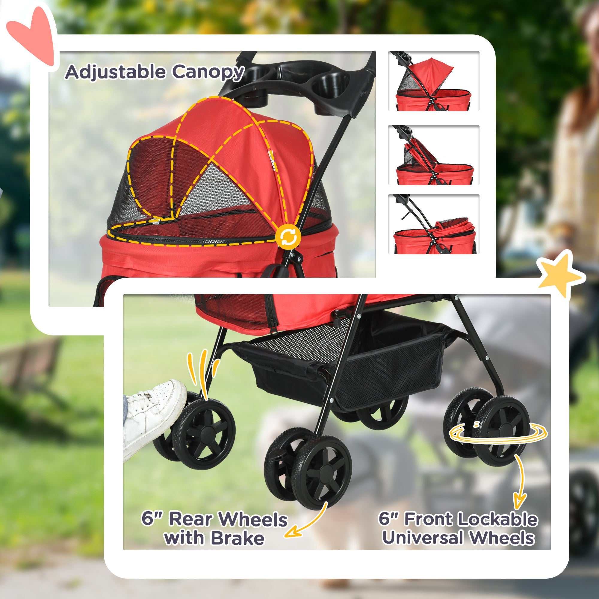 PawHut Dog Pram Dog Stroller Foldable Pet Pushchair with 4 Wheels, Safety Leashes, Cup Holder for Small Dogs, Red - North Peak Garden Furniture