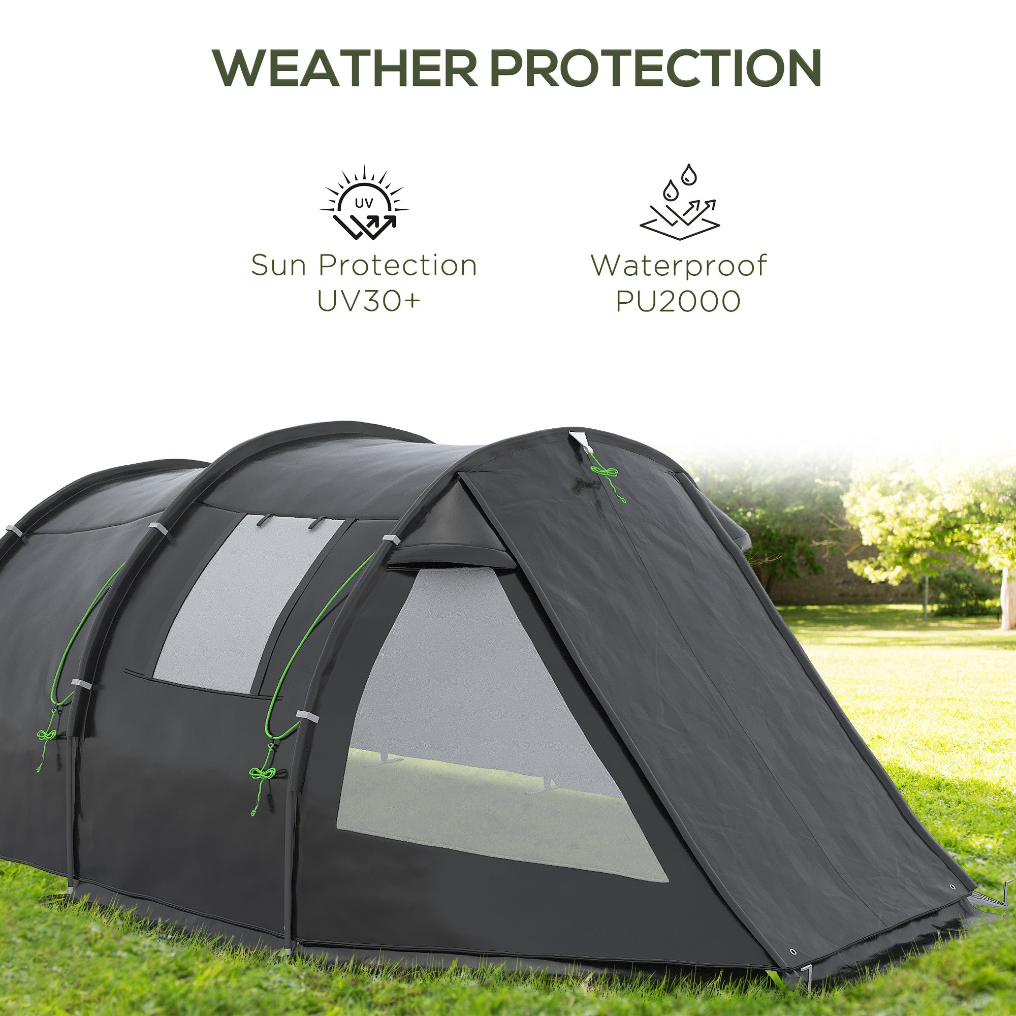 Outsunny 3-4 Man Tunnel Tent, Two Room Camping Tent with Windows and Covers, Portable Carry Bag, for Fishing, Hiking, Sports, Festival - Black - North Peak Garden Furniture