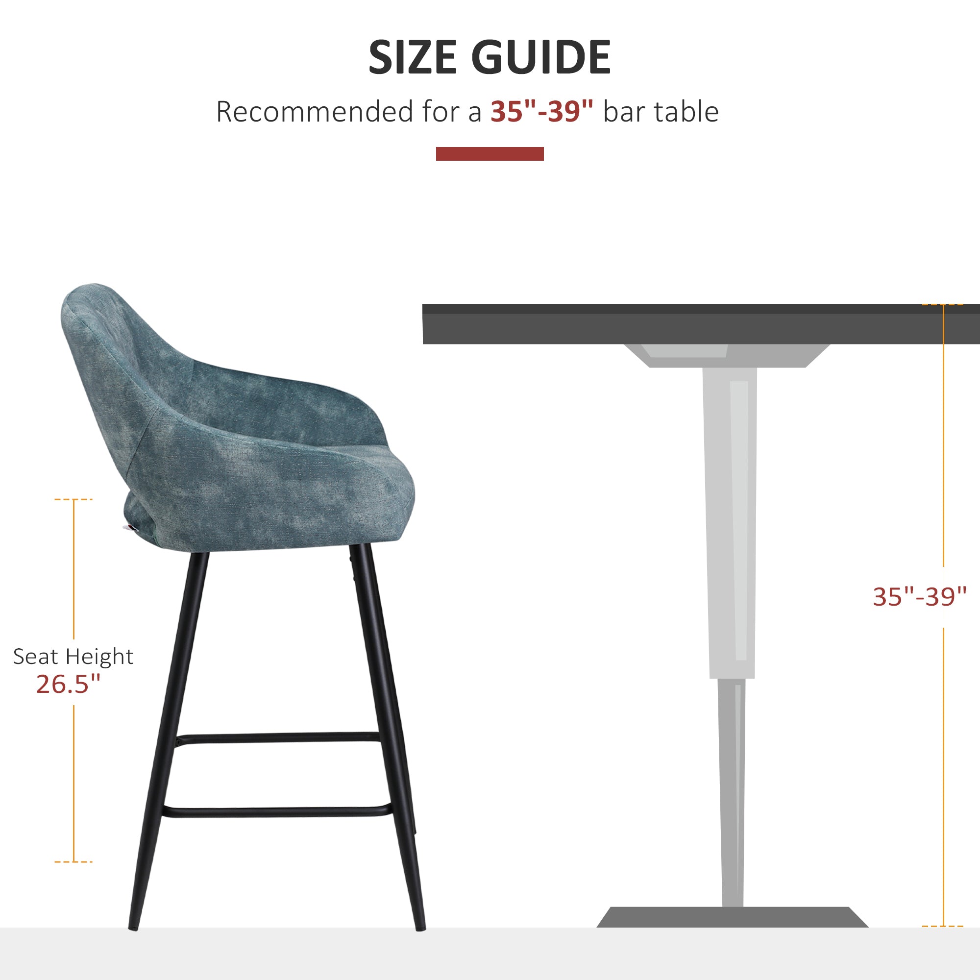 HOMCOM Bar Stools Set of 2, Velvet-Touch Fabric Counter Height Bar Chairs, Kitchen Stools with Steel Legs for Dining Area, Kitchen Island Barstools, Blue - North Peak Garden Furniture