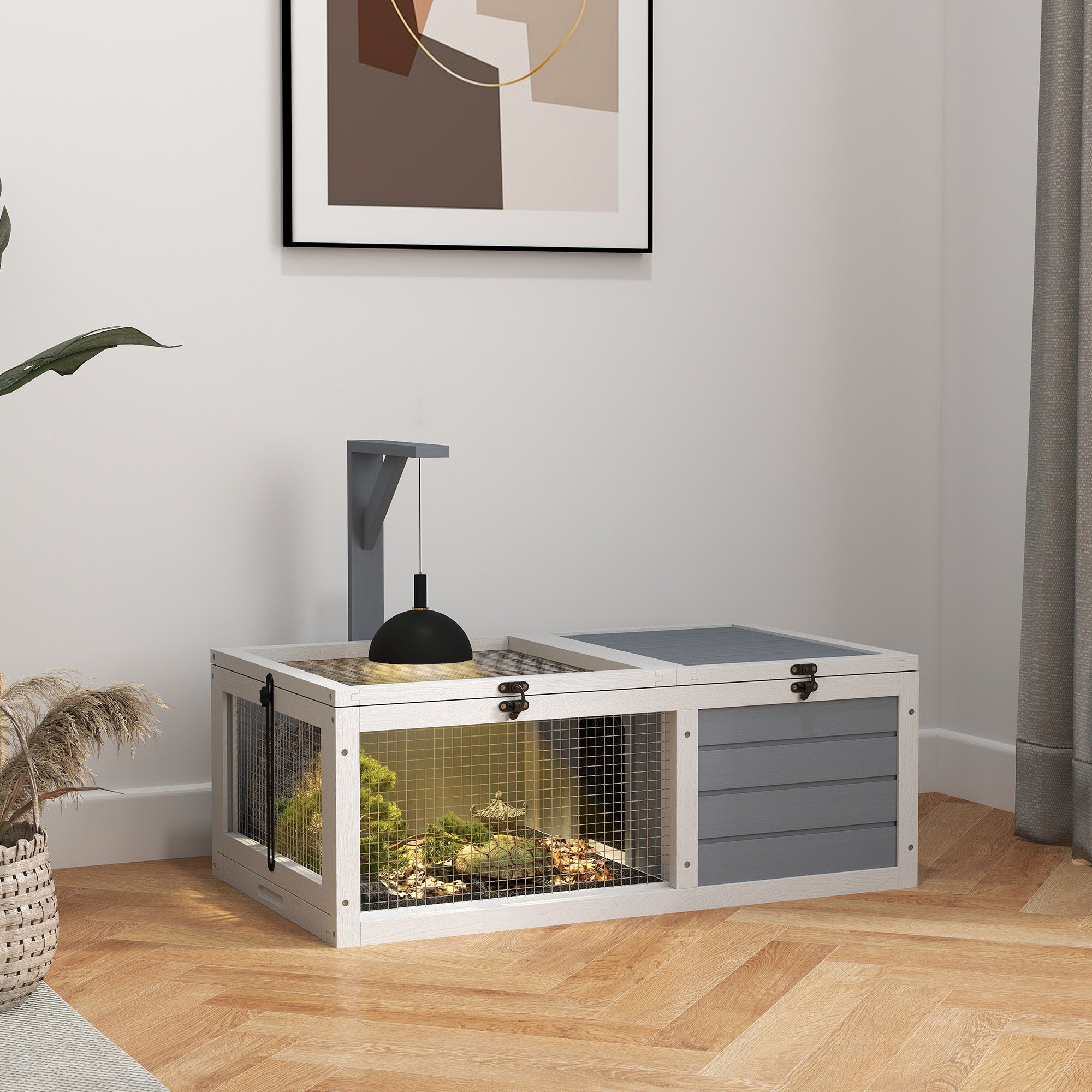 PawHut Wooden Tortoise Enclosure, Tortoise House w/ Lamp Holder, for Outdoor & Indoor - Light Grey - North Peak Garden Furniture