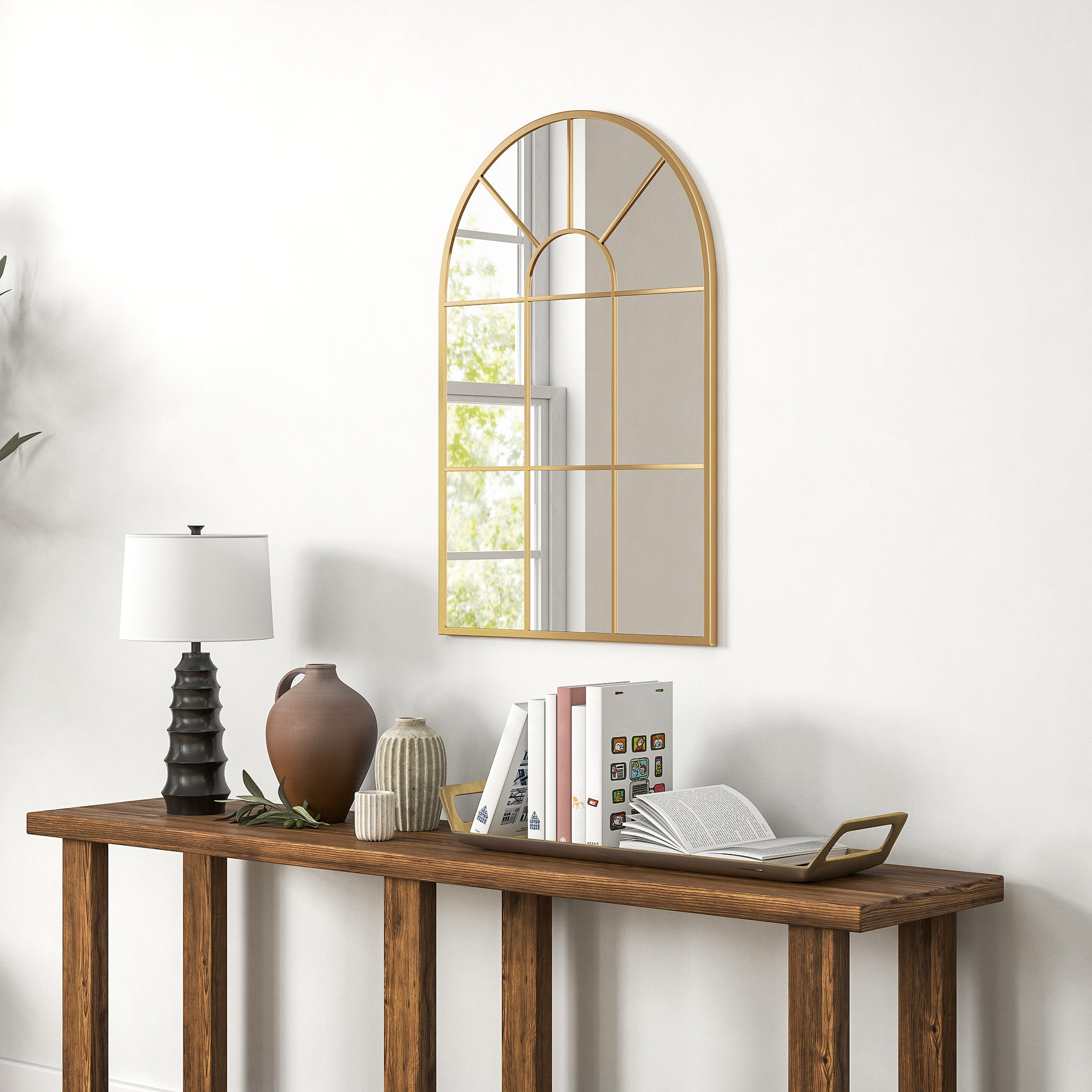 HOMCOM Modern Arched Wall Mirror, 91 x 60 cm Window Mirrors for Living Room, Bedroom, Gold Tone - North Peak Garden Furniture