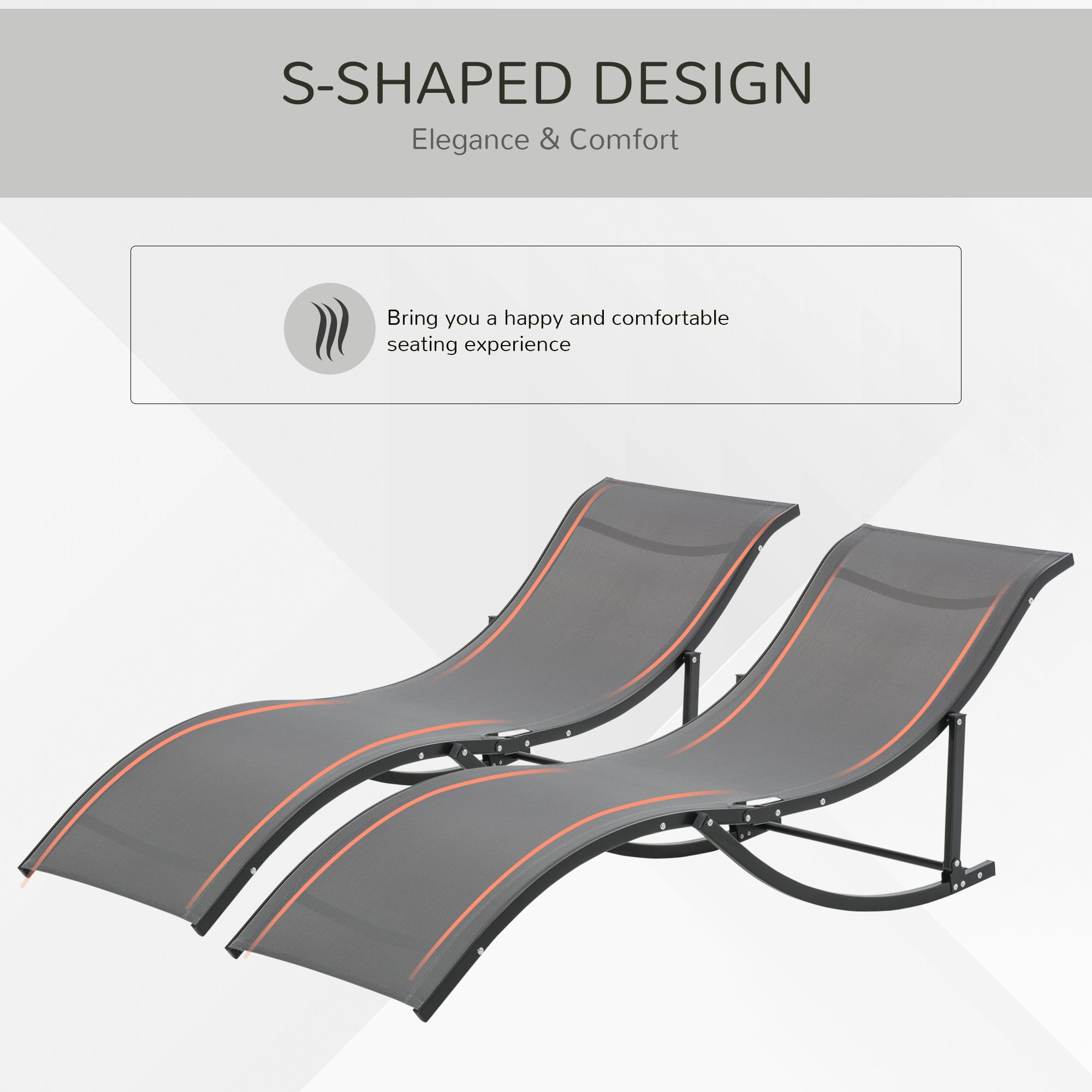 Outsunny Set of 2 S-shaped Foldable Lounge Chair Sun Lounger Reclining Outdoor Chair for Patio Beach Garden, Grey - North Peak Garden Furniture