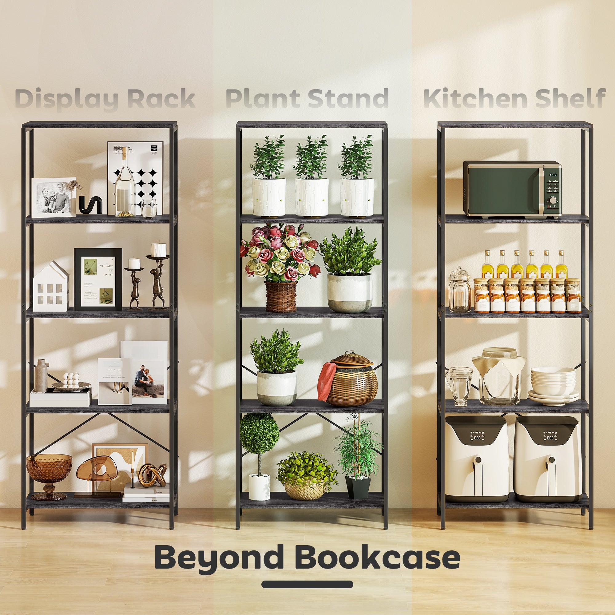 HOMCOM 5-Tier Bookshelf, Industrial Bookcase with Metal Frame - Dark Grey and Black