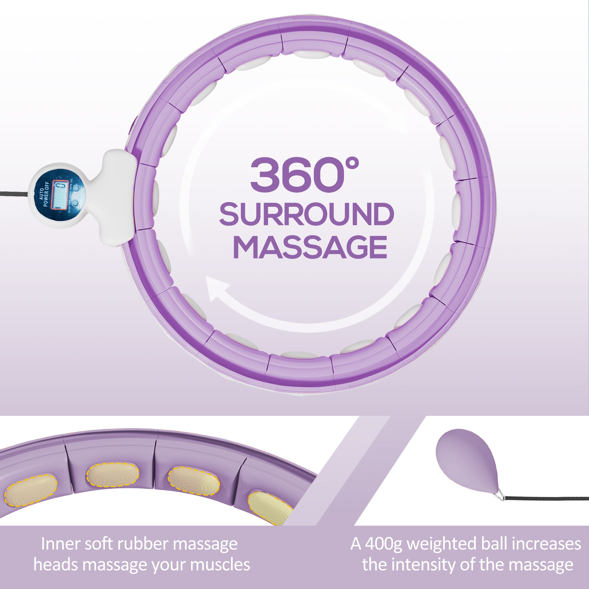 SPORTNOW Smart Weighted Hula Hoop, Massage Hula Ring w/ 16 Detachable Knots, 360° Auto-Rotating Ball, Digital Counter, Purple - North Peak Garden Furniture