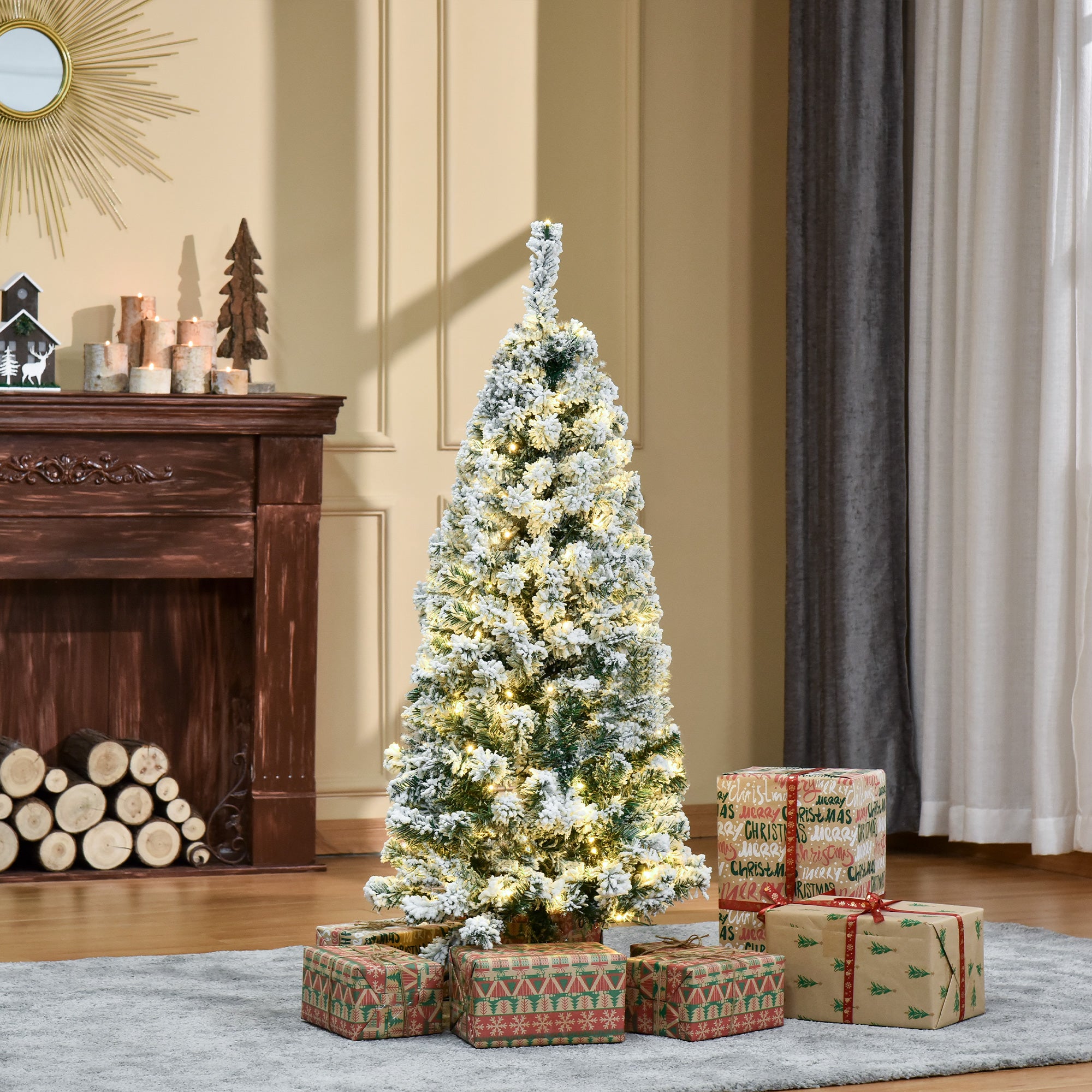 HOMCOM 4FT Prelit Artificial Snow Flocked Christmas Tree with Warm White LED Light, Holiday Home Xmas Decoration, Green White - North Peak Garden Furniture