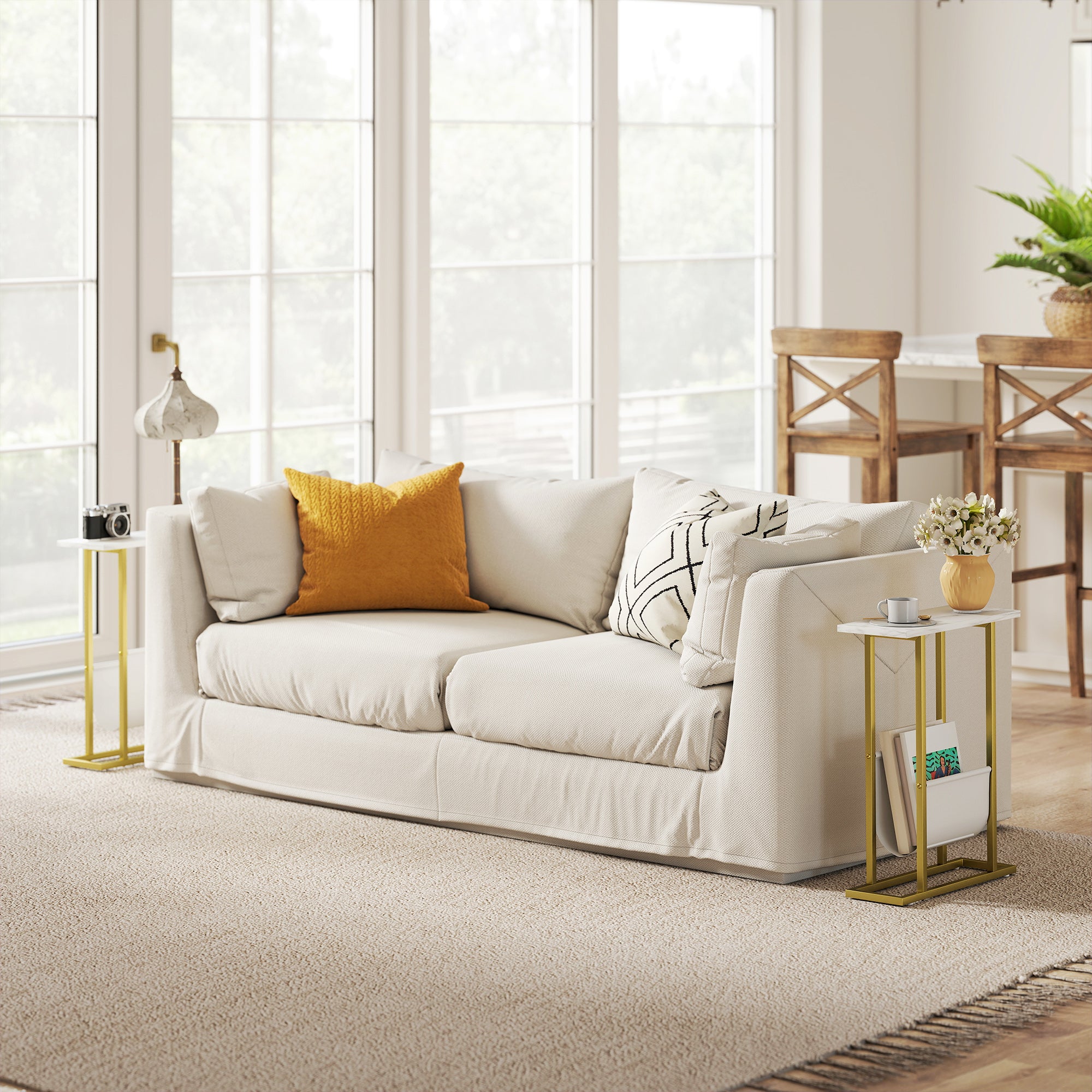 HOMCOM Narrow Side Table, End Table with Magazine Holder, Nightstand for Small Spaces, Living Room, Bedroom, White Marble Grain