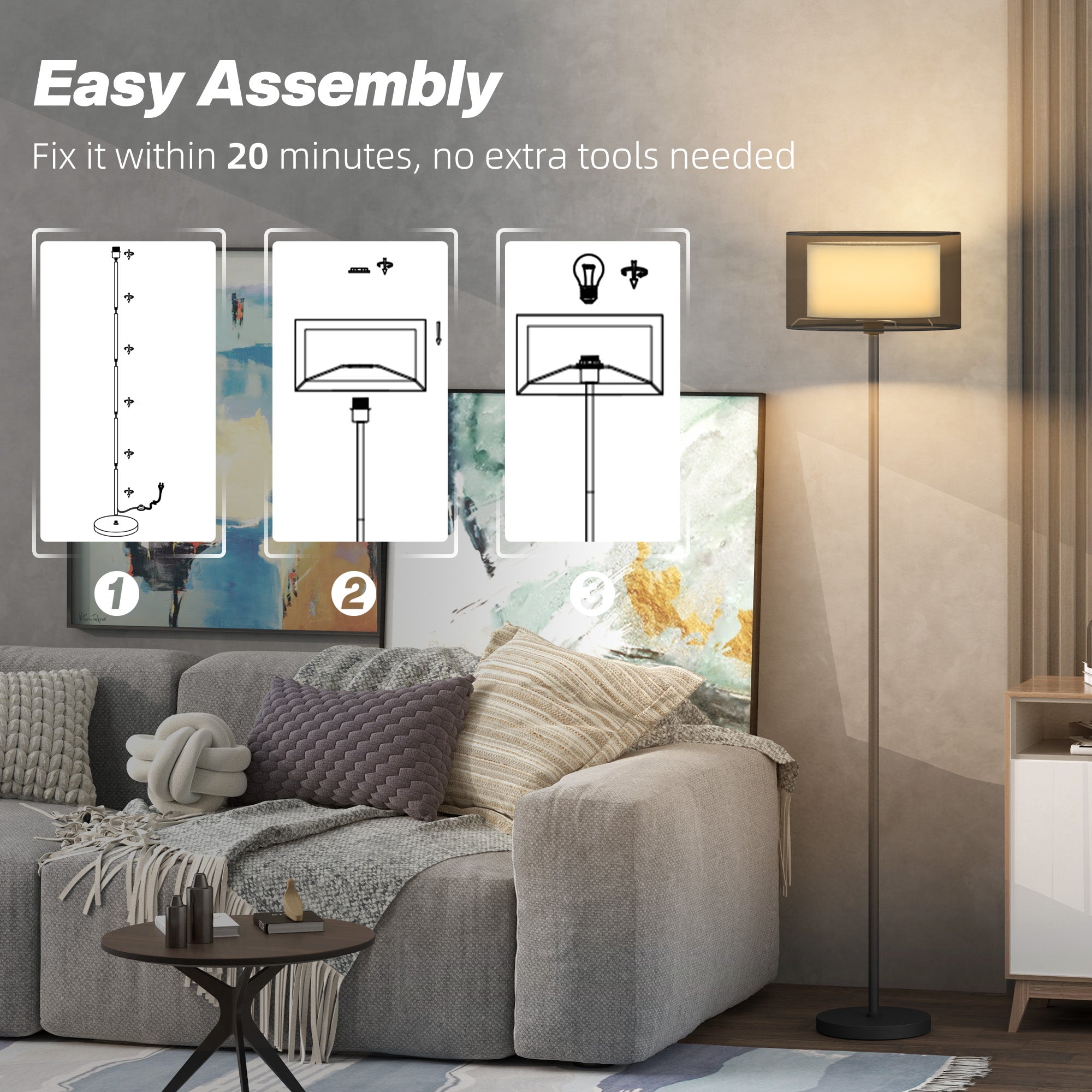 HOMCOM Floor Lamp for Living Room, Modern Standing Lamp with Double Layer Shade & Foot Switch, Minimalist Tall Pole Lampshade for Bedroom, Office, Black - North Peak Garden Furniture