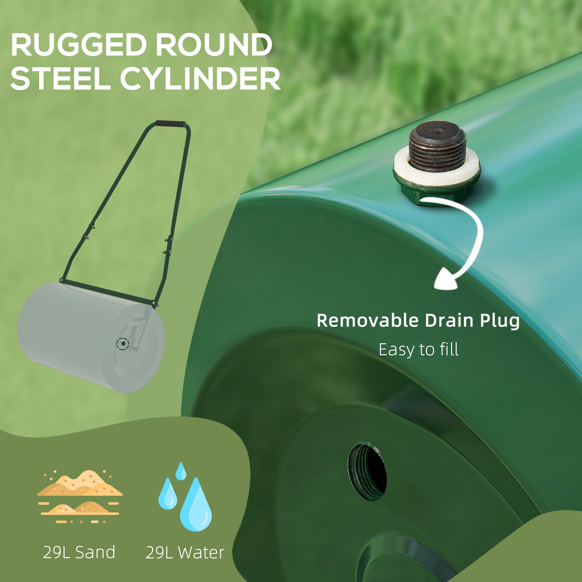 Outsunny 63 L Heavy Duty Water Or Sand Filled Φ30cm Garden Steel Lawn Roller Drum - Dark Green