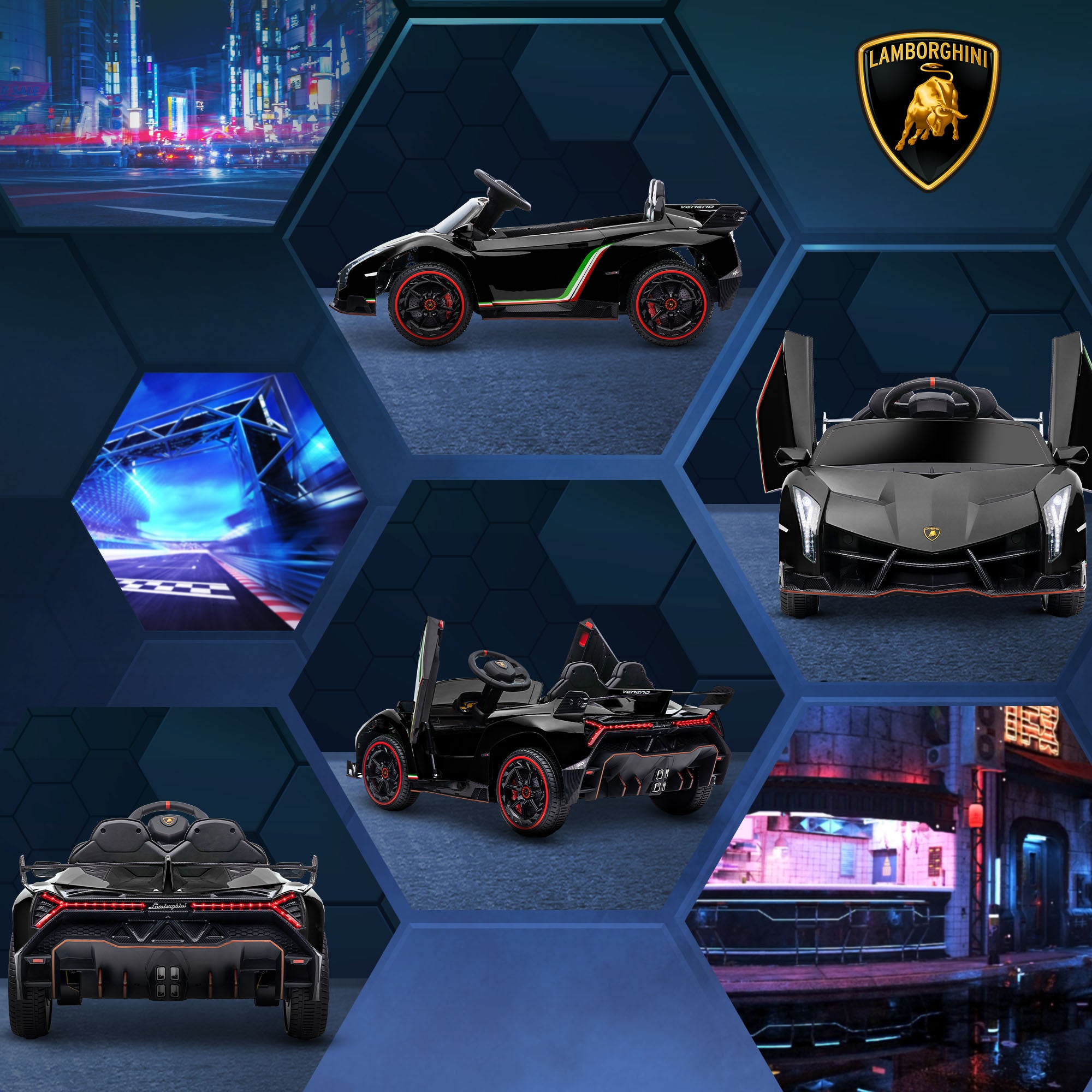 HOMCOM Lamborghini Veneno Licensed Electric Ride-On Car, with Remote, Music, Horn - Black - North Peak Garden Furniture