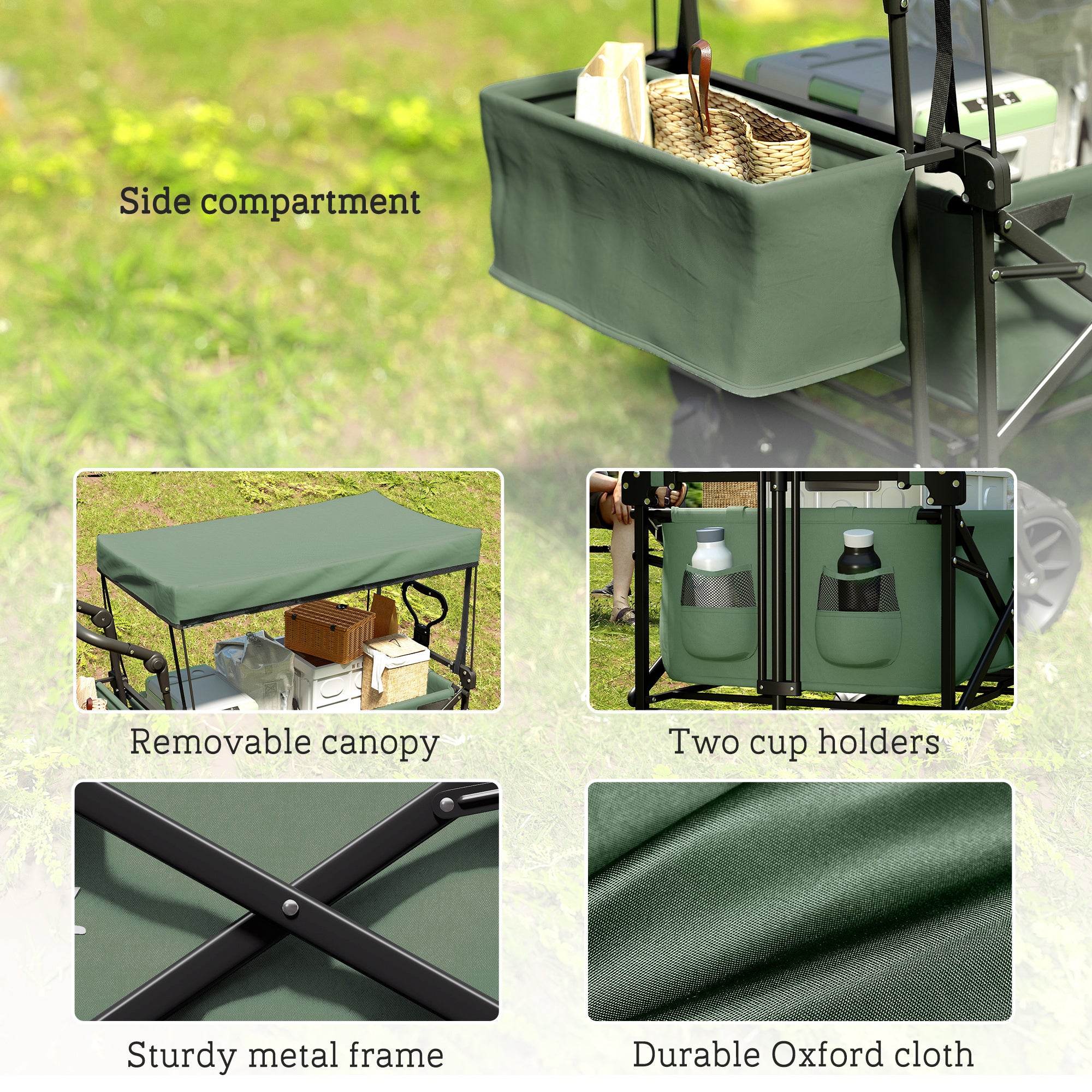Outsunny Folding Trolley Cart Storage Wagon Beach Trailer 4 Wheels with Handle Overhead Canopy Cart Push Pull for Camping, Green - North Peak Garden Furniture