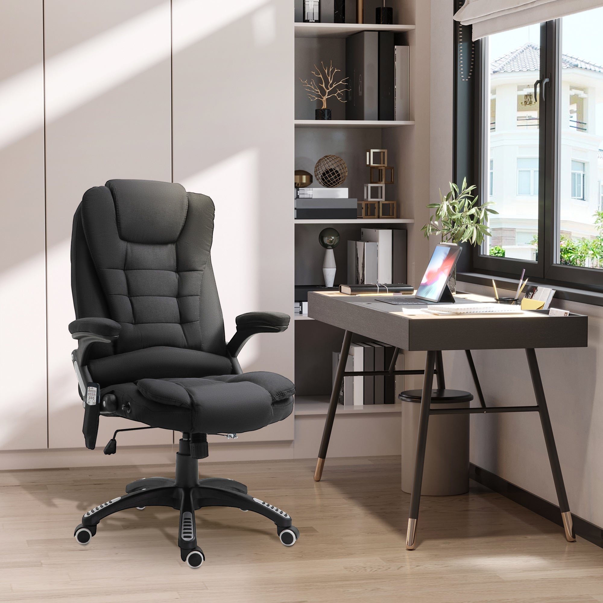 Vinsetto Massage Recliner Chair Heated Office Chair with Six Massage Points Linen-Feel Fabric 360° Swivel Wheels Black - North Peak Garden Furniture