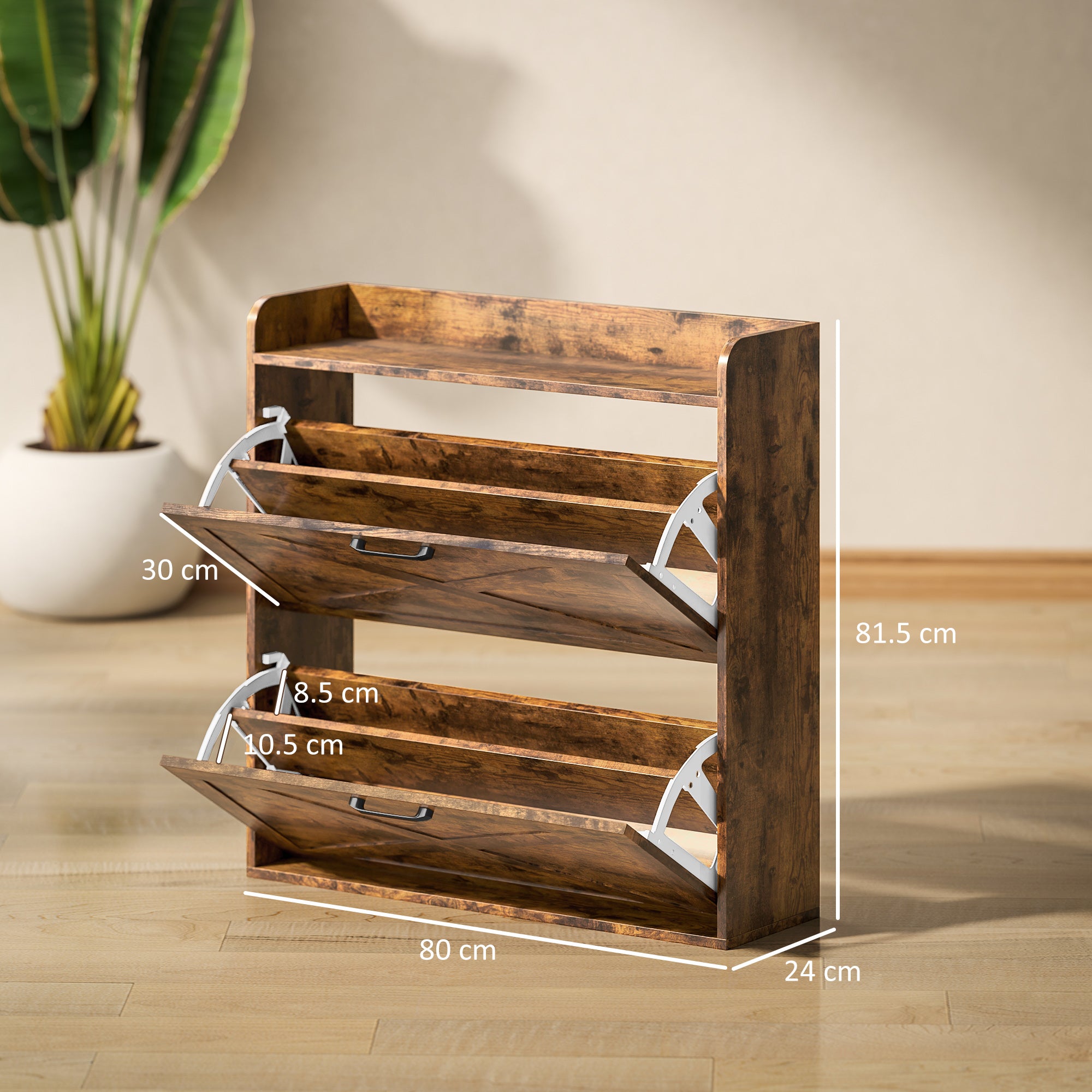 HOMCOM Two Flip Drawer Narrow Shoe Cabinet with Adjustable Shelves - Rustic Brown - North Peak Garden Furniture