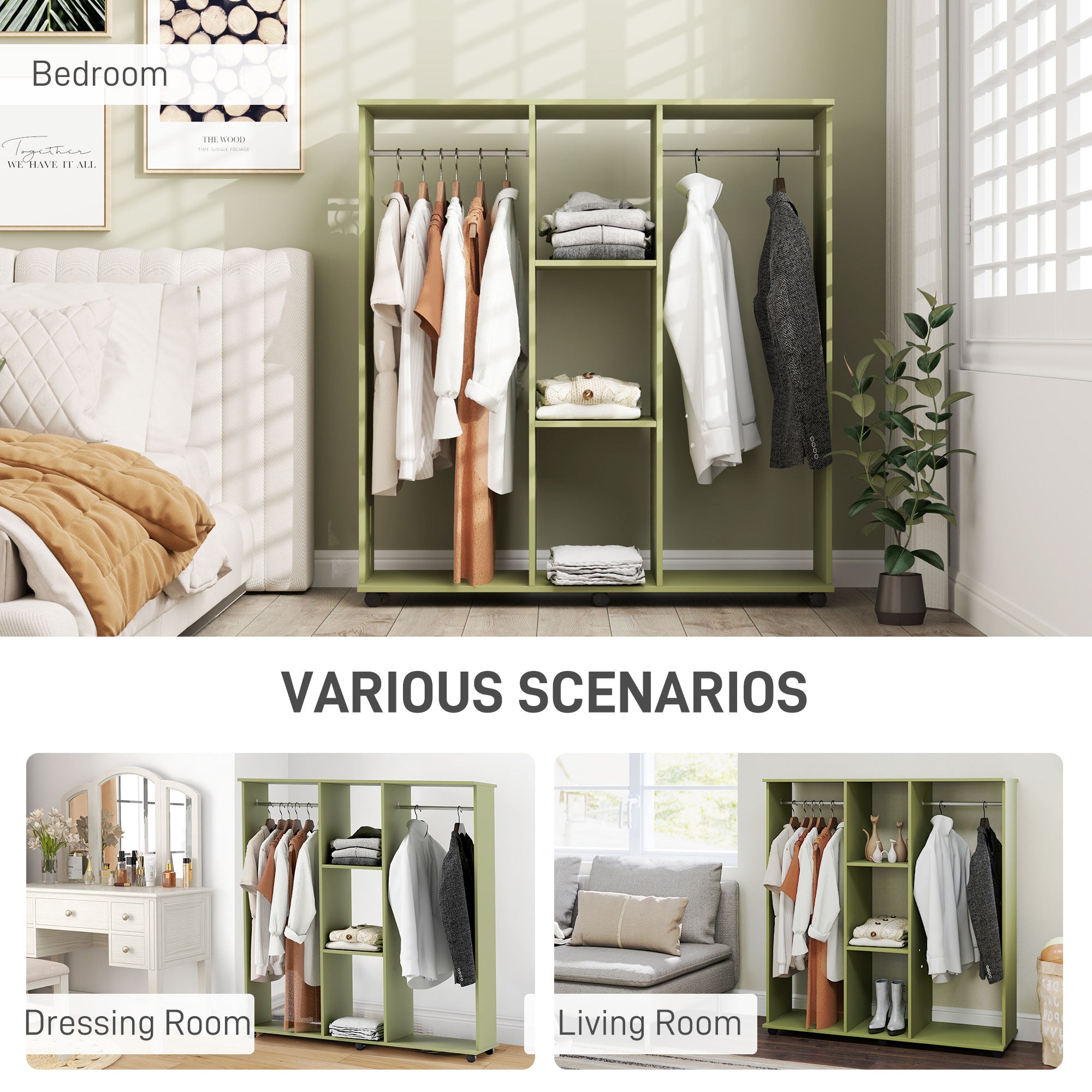 HOMCOM Open Wardrobe Double Mobile Storage Shelves Organizer W/6 Wheels-Green - North Peak Garden Furniture