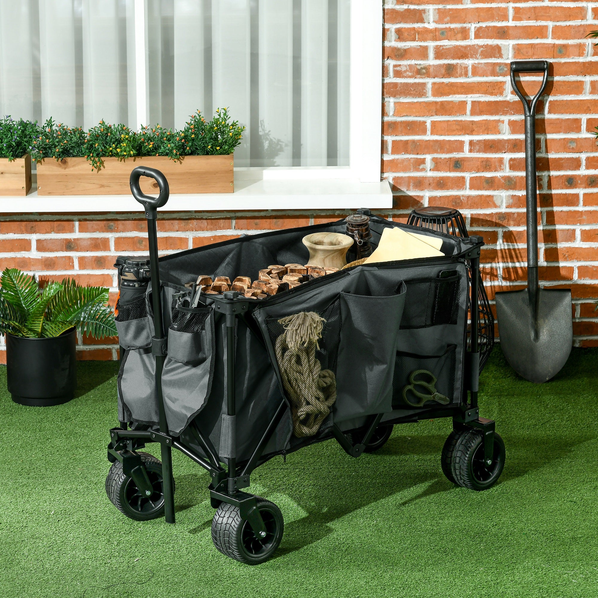 Outsunny Folding Garden Trolley, Cargo Traile on Wheels, Collapsible Camping Trolley, Outdoor Utility Wagon, Dark Grey - North Peak Garden Furniture