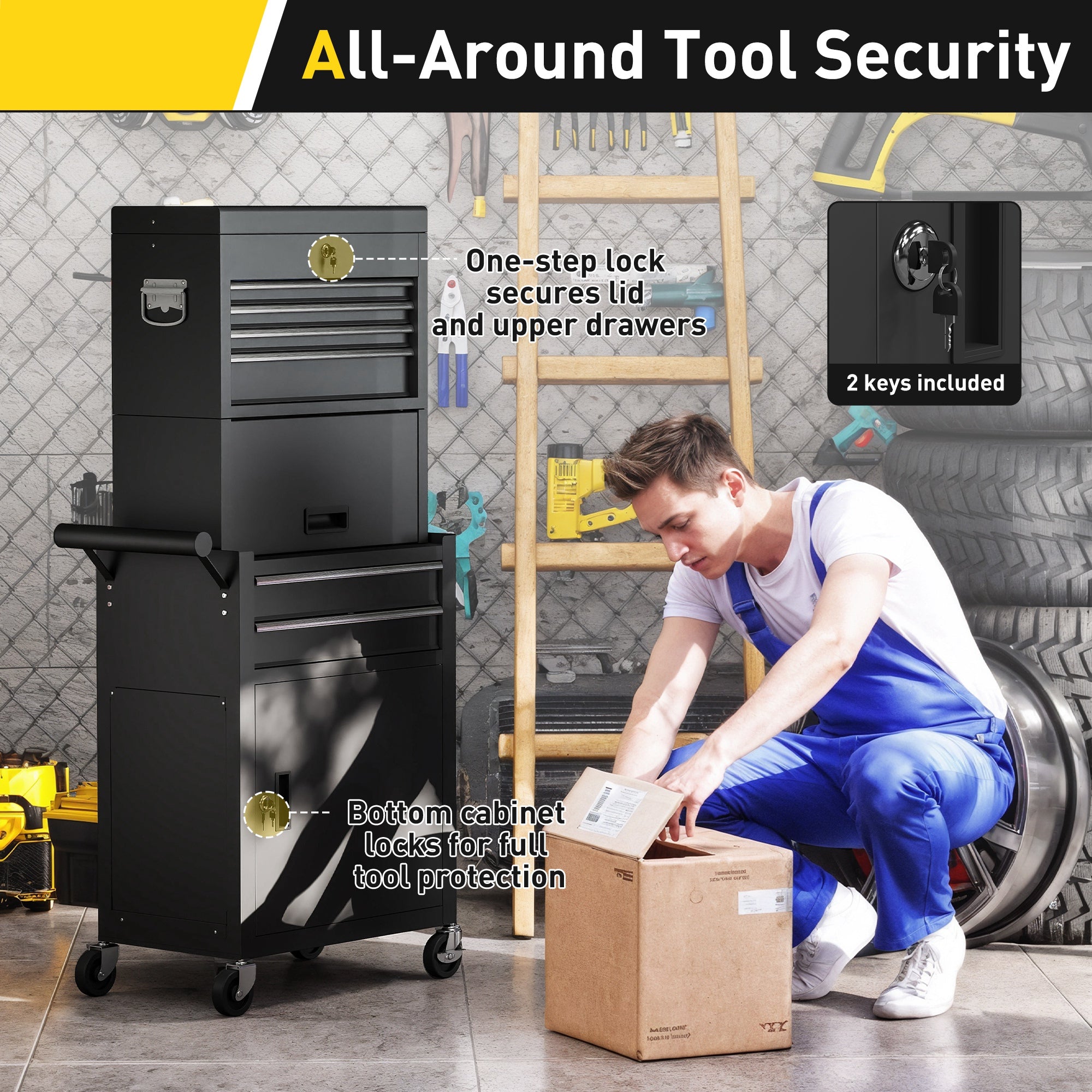 HOMCOM Three-Part Steel Locking Tool Chest - Black