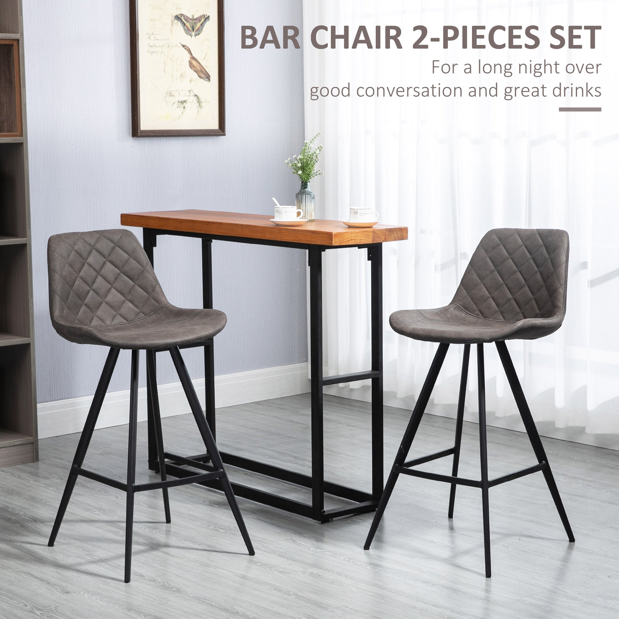 HOMCOM Set Of 2 Bar Stools Vintage Microfiber Cloth Tub Seats Padded Comfortable Steel Frame Footrest Quilted Home Bar Cafe Kitchen Chair Stylish Dark Grey - North Peak Garden Furniture