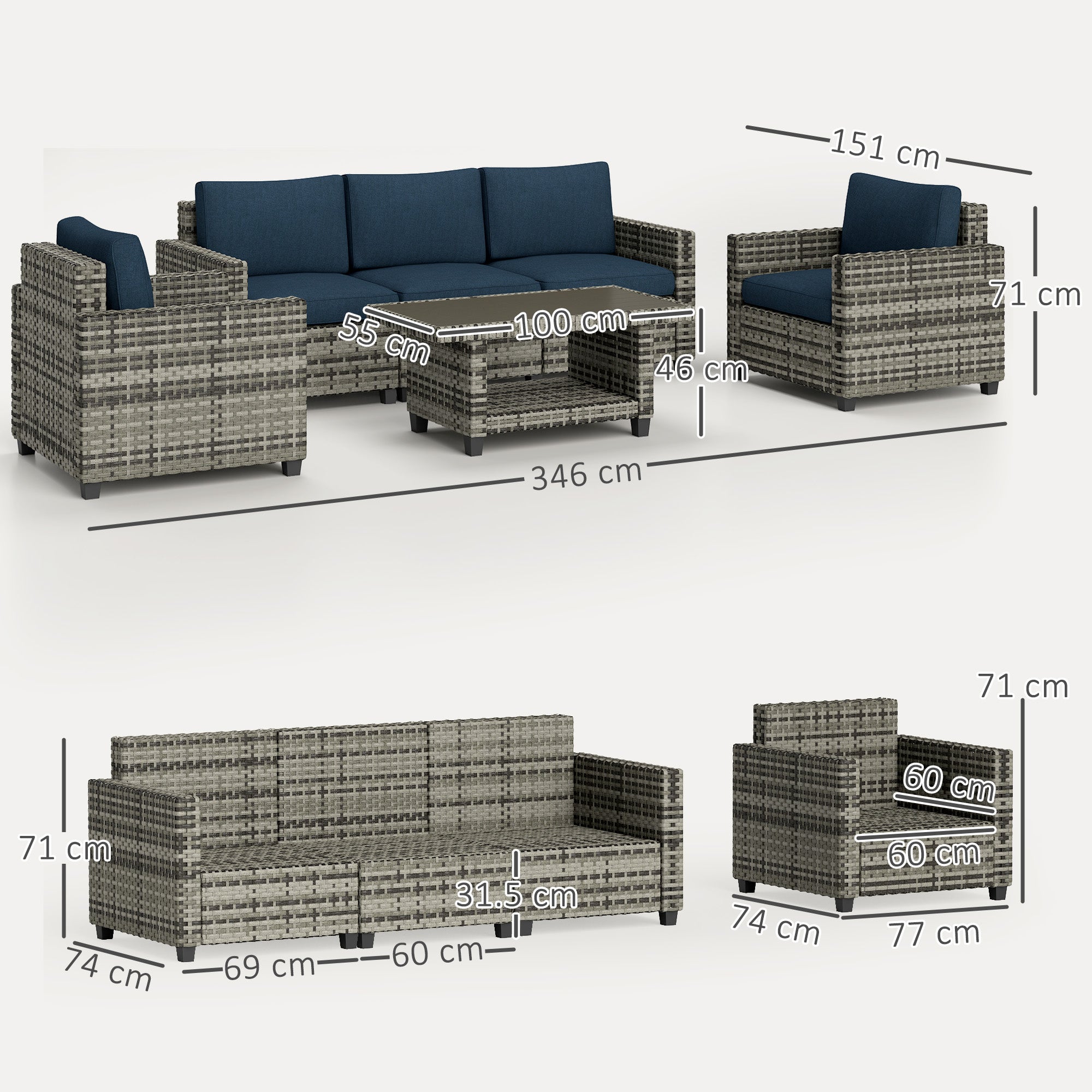 Outsunny Six-Piece Modular Rattan Sofa Set - Navy Blue - North Peak Garden Furniture