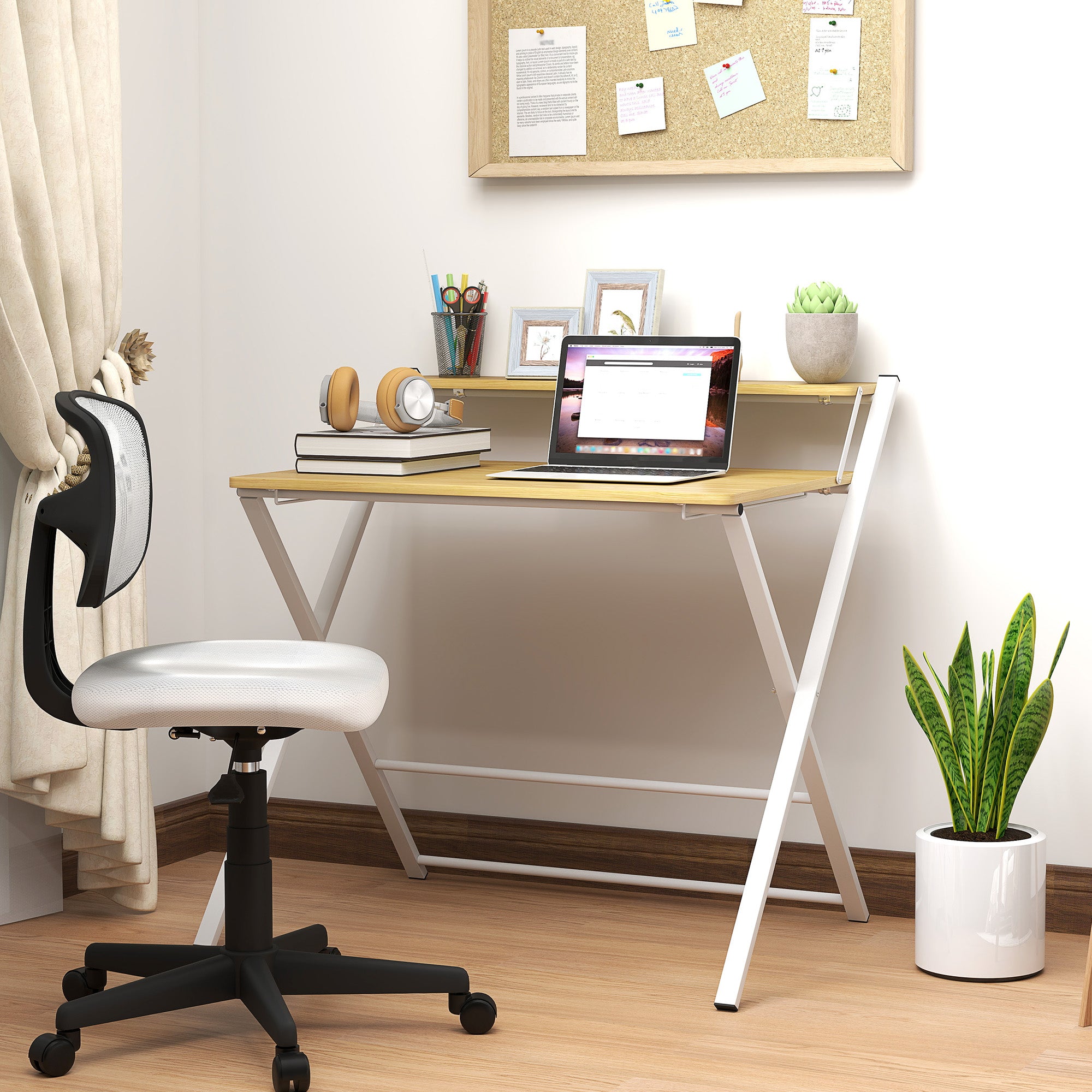 HOMCOM Compact Folding Desk for Small Spaces, Foldable Computer Desk with Storage Shelf for Home Office, 2-Tier Study Writing Table, 86 x 66 x 82 cm, Maple Wood-effect - North Peak Garden Furniture