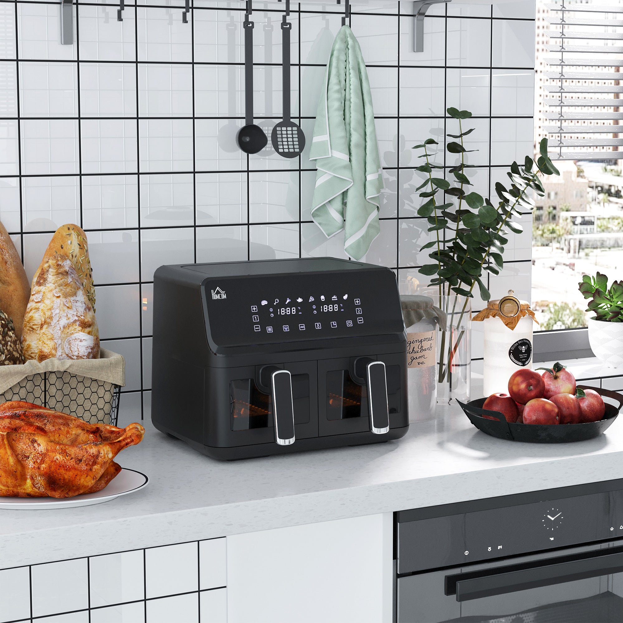 HOMCOM 8L Dual Basket Air Fryer, 8-in-1 Air Fryer Oven with Digital Display, Visible, Timer, Preheat for Oil Free Low Fat Cooking, 2500W, Sync Finish, Sliver - North Peak Garden Furniture