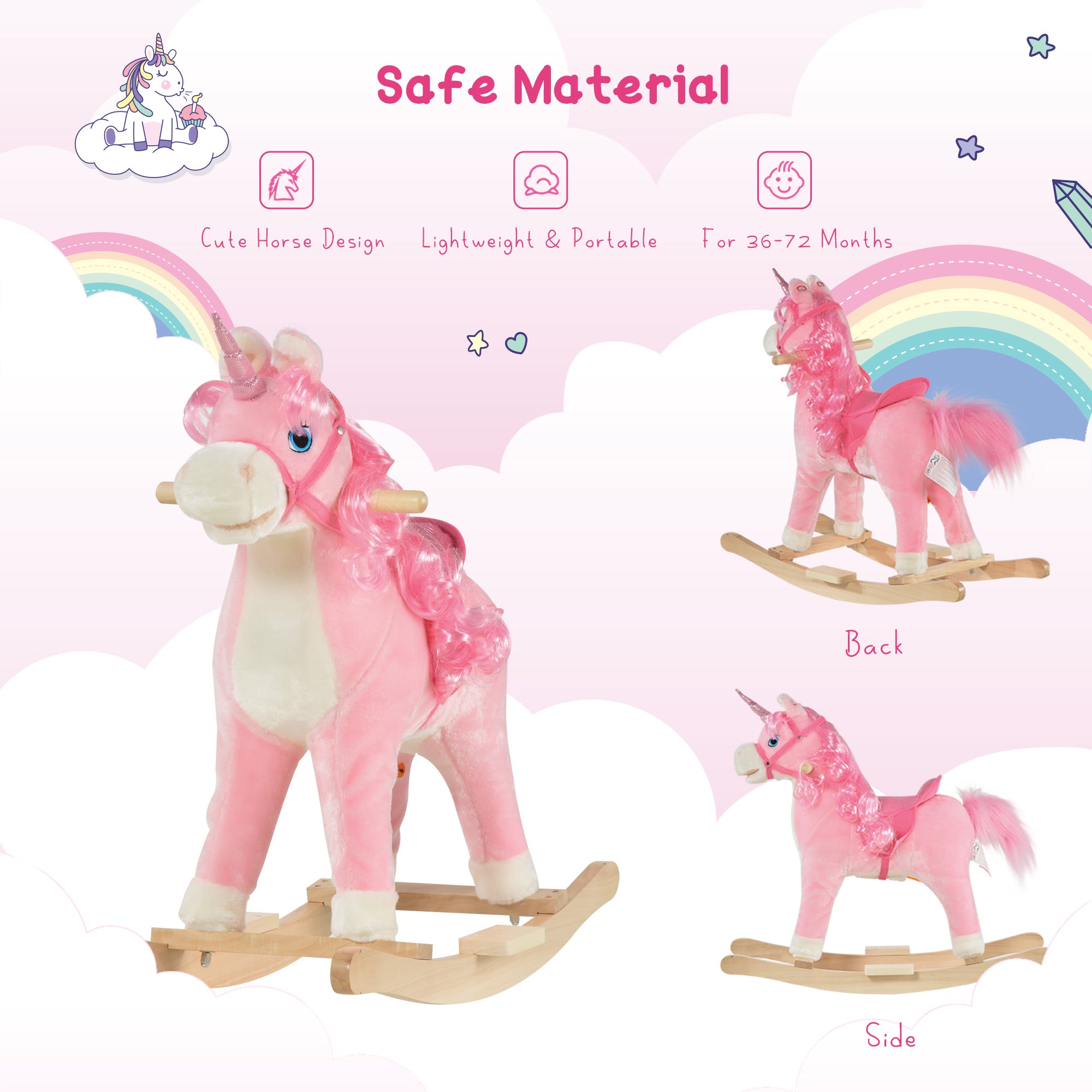 HOMCOM Kids Plush Rocking Horse Ride On Unicorn w/ Sound Moving Mouth Wagging Tail Children Rocker Toy Gift 3-6 Years Pink