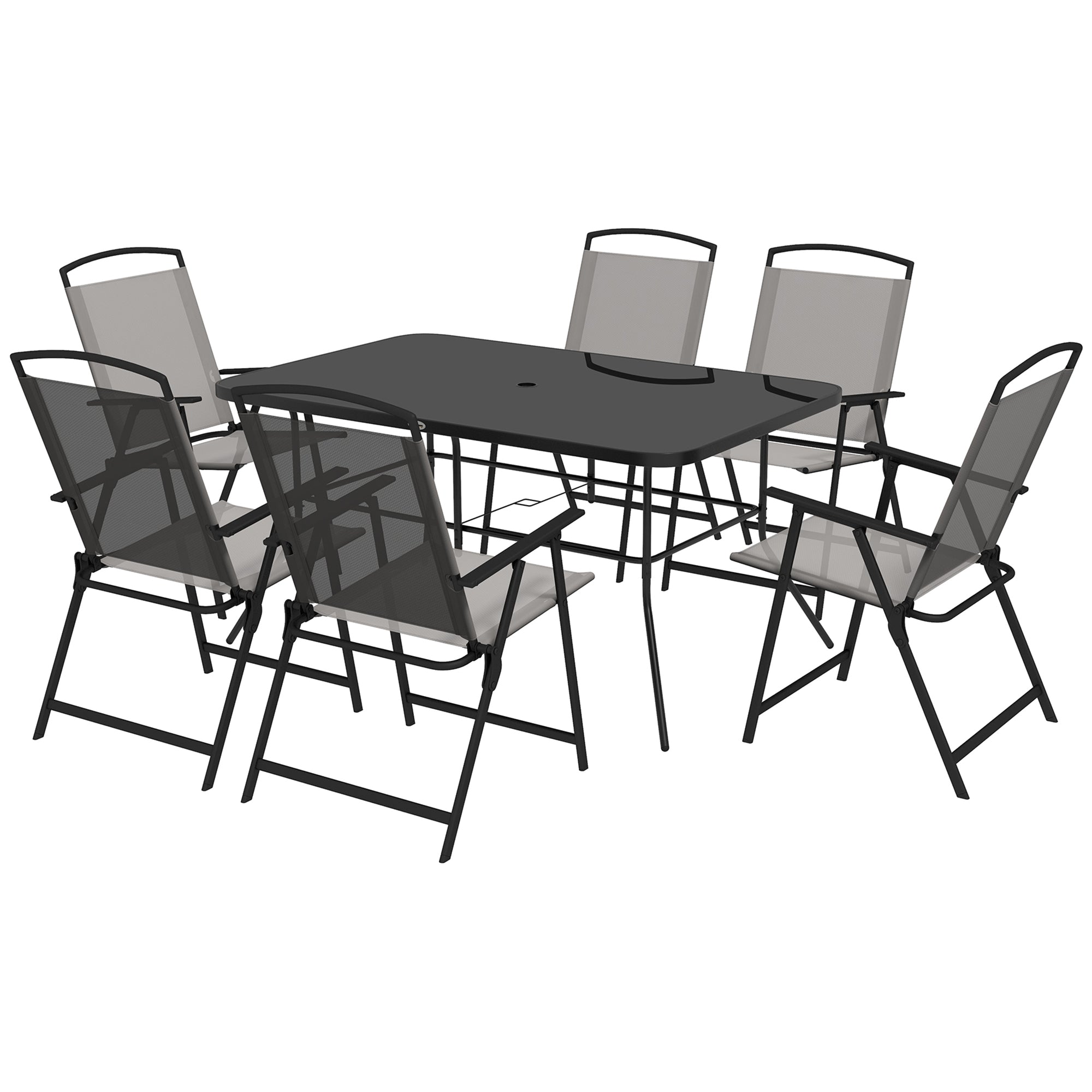 Outsunny Seven-Piece Garden Dining Set, with Glass-Top Table and Folding Chairs - Grey