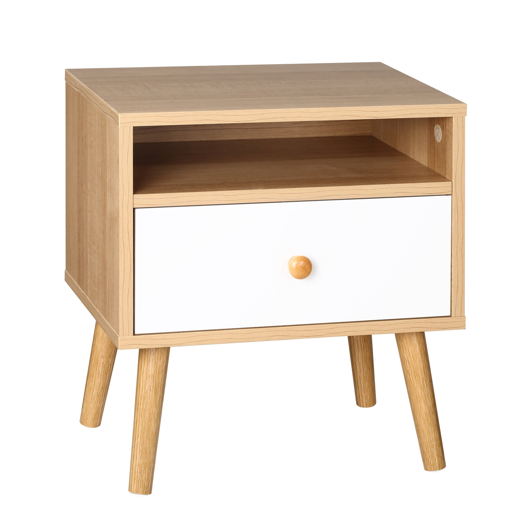 HOMCOM Bedside Table, Bedside Cabinet with Drawer and Shelf, Modern Nightstand, End Table for Living Room, Bedroom, Natural - North Peak Garden Furniture
