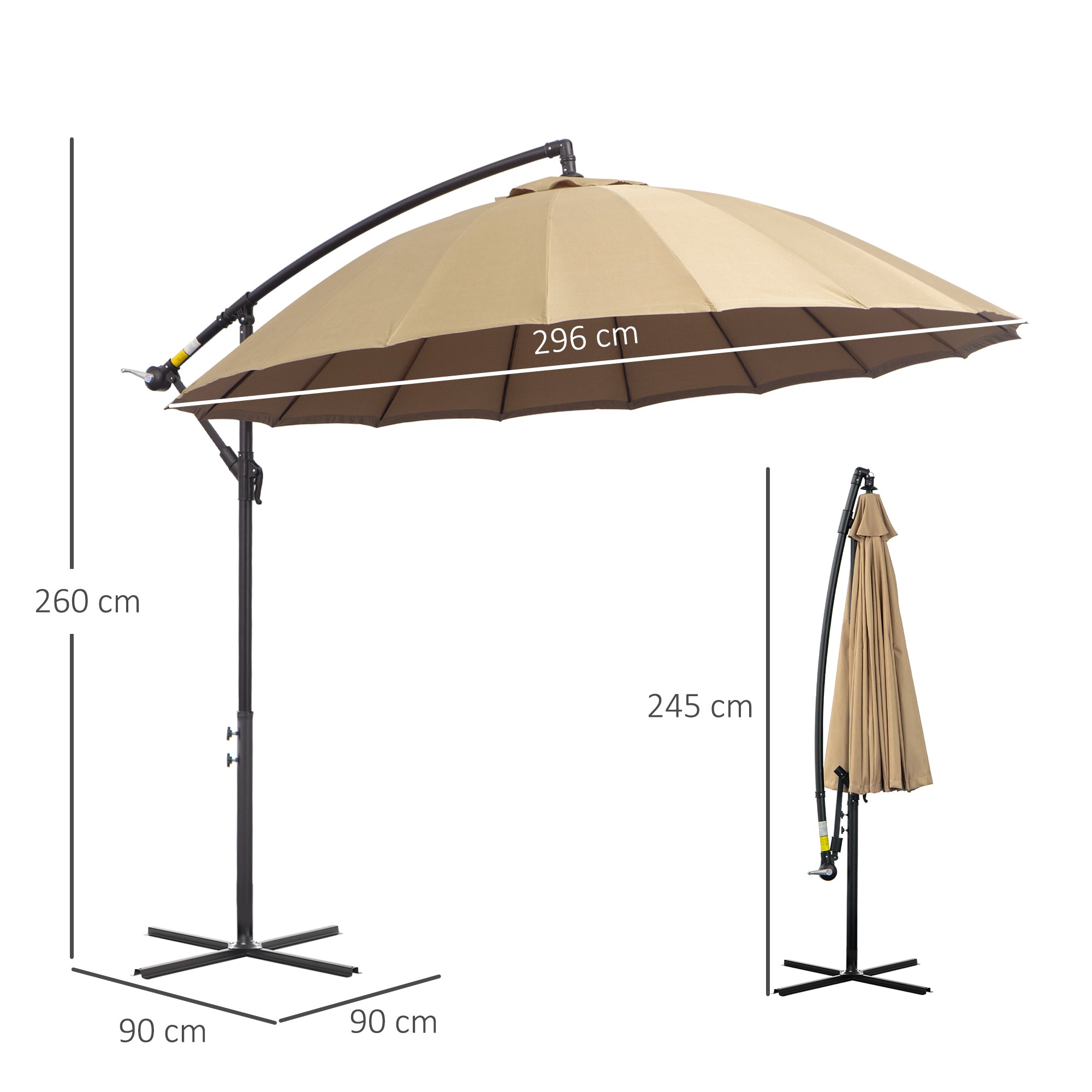 Outsunny 3(m) Cantilever Umbrella 18 Ribs & Vents Adjustable Angle for Patio Khaki - North Peak Garden Furniture