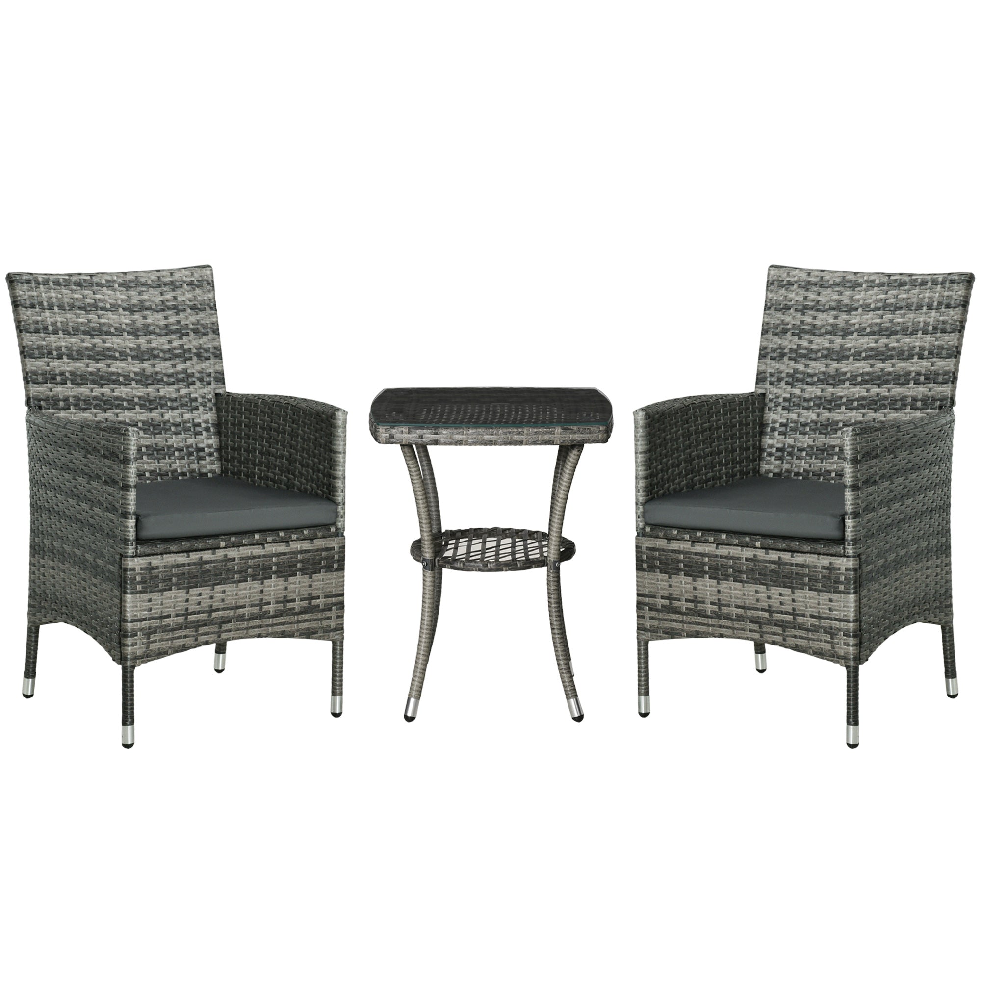 Outsunny 3 Pieces Rattan Bistro Set, Wicker Garden Furniture Set with 2-Tier Coffee Table and Chairs, Washable Cushions, for Outdoor Patio Balcony, Mixed Grey