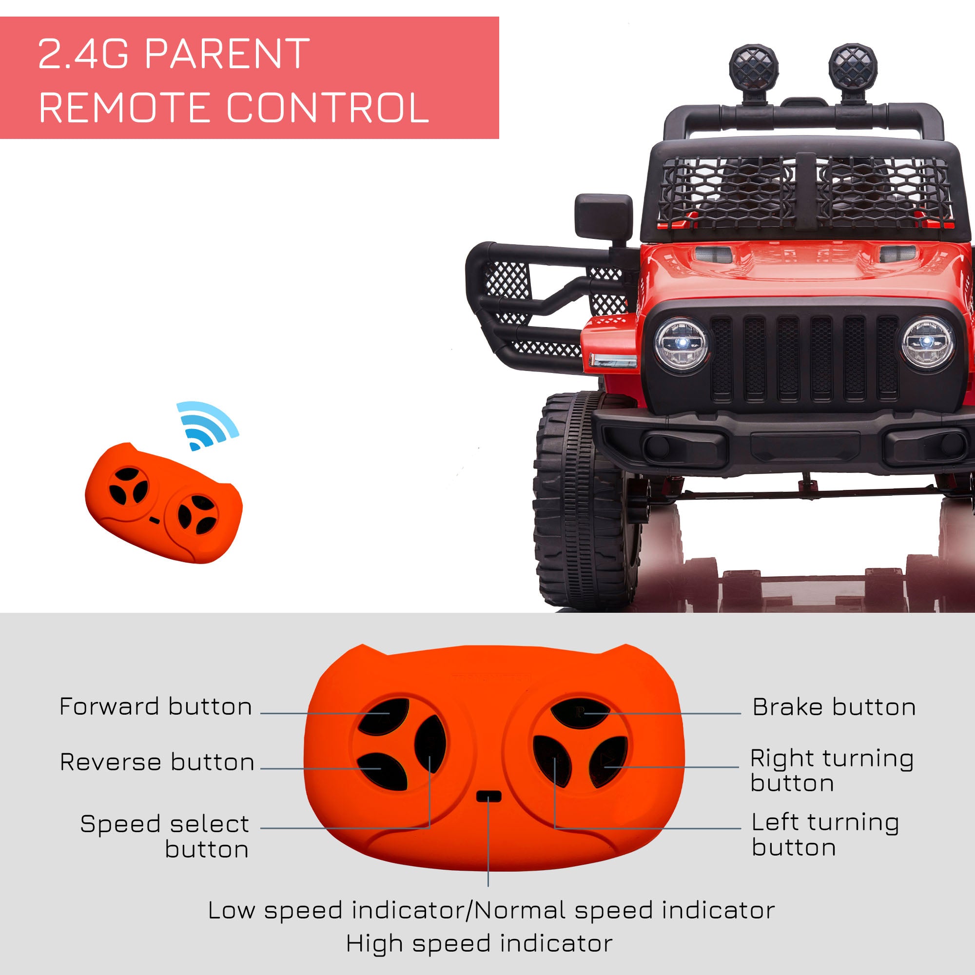 HOMCOM Kids Electric Ride On Car 12V Off Road Toy with Parental Remote Control 2 Motors Horn Lights Suspension Wheels for 3-6 Years Old Red - North Peak Garden Furniture