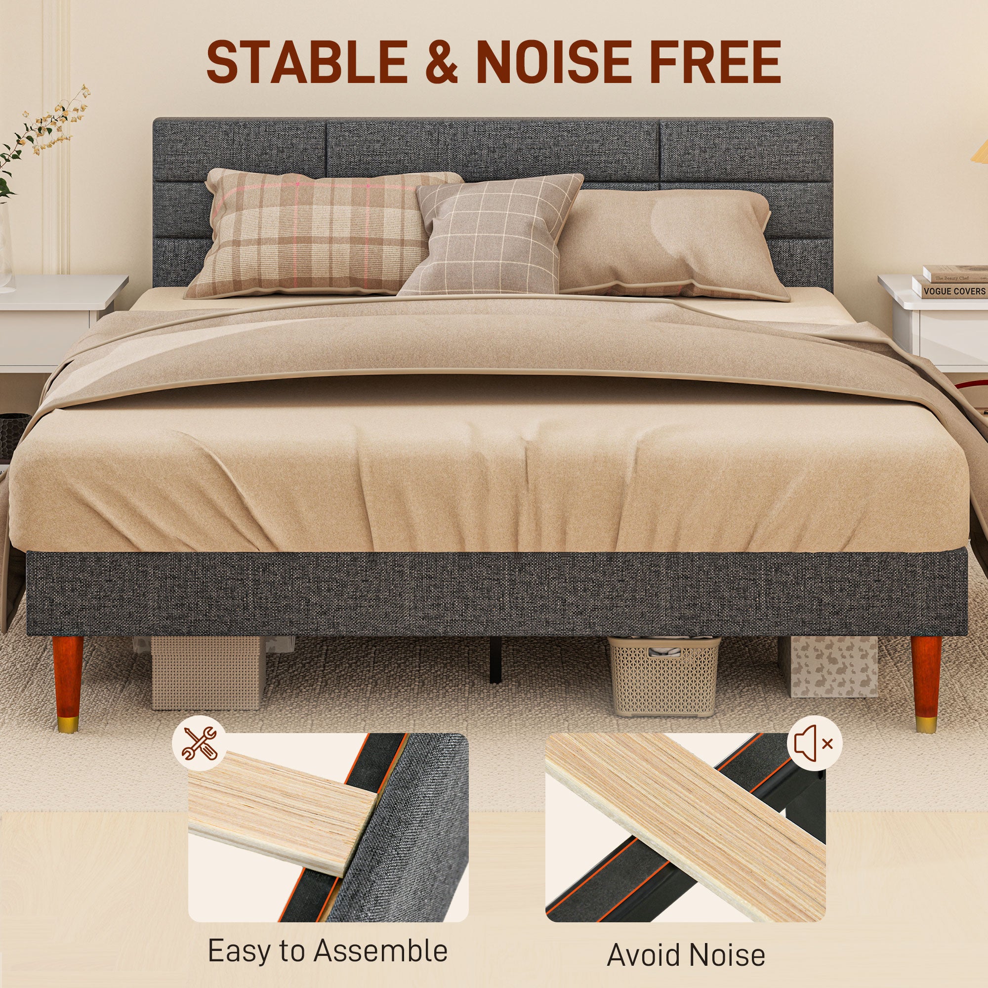 HOMCOM Upholstered King Bed Frame, with Slats - Grey - North Peak Garden Furniture