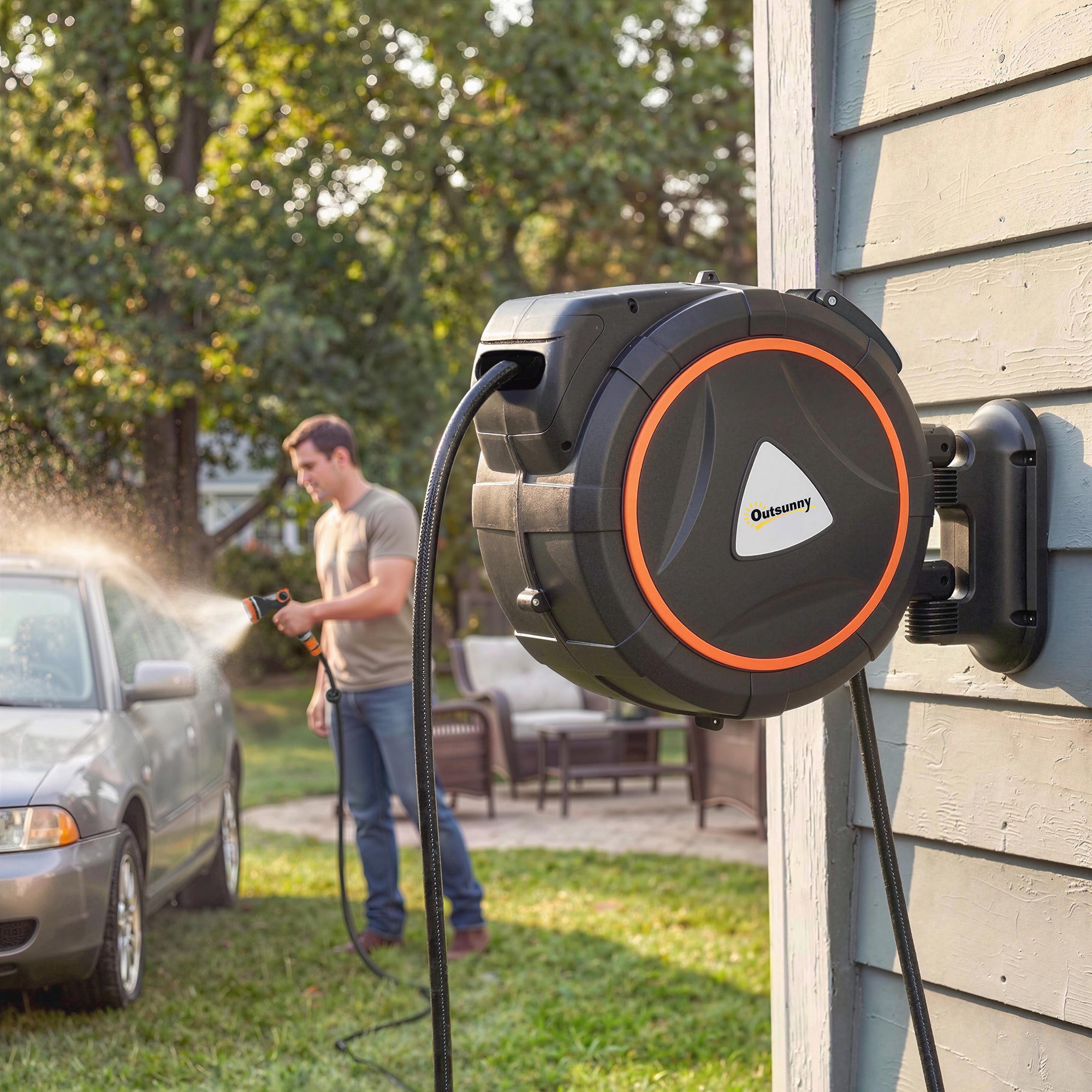 Outsunny 23+2m Retractable Hose Reel Wall Mounted with Auto Retraction, Self-Locking, Slow Return System, 12-Pattern Nozzles