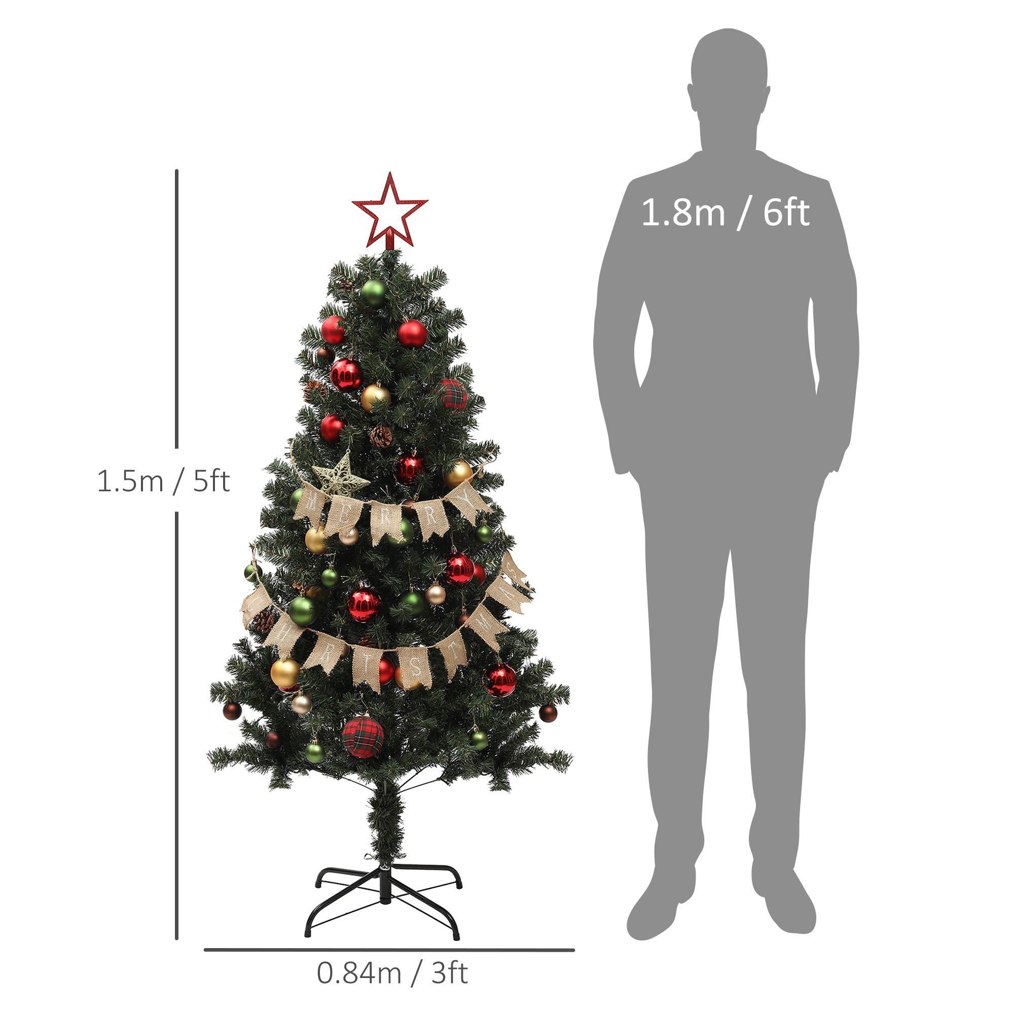 HOMCOM 5ft Pre-Lit and Xmas Tree with Decorations