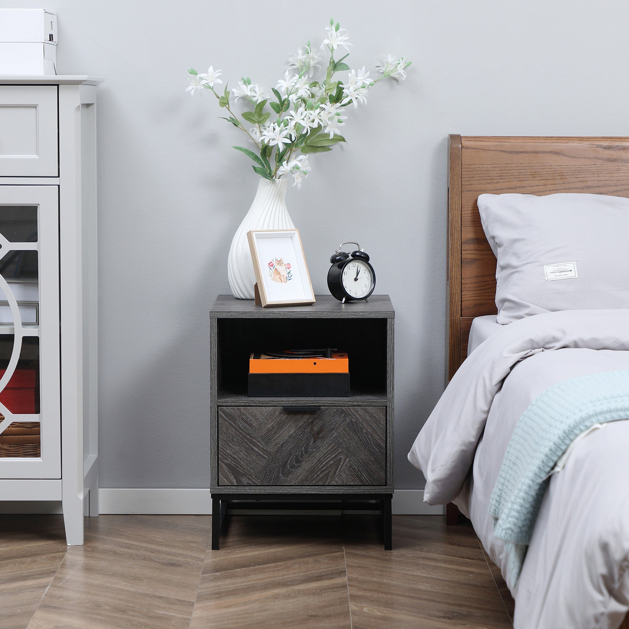 HOMCOM Bedside Table with Drawer and Shelf, Side End Table with Steel Legs for Living Room, Bedroom, Set of 2, Dark Grey - North Peak Garden Furniture