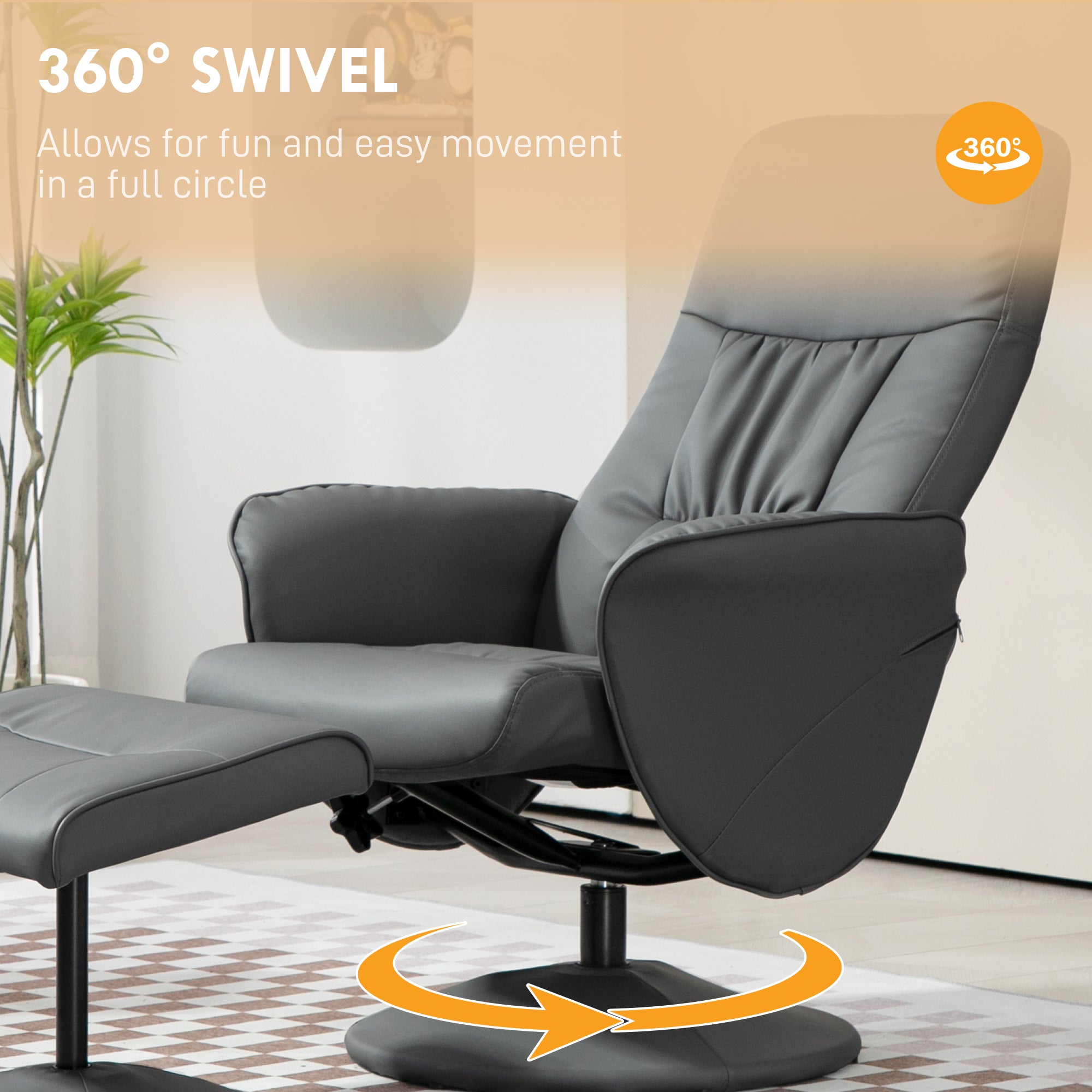 HOMCOM Swivel Recliner Chair with Footstool, PU Leather Armchair and Ottoman with High Back and Round Base for Living Room, Grey - North Peak Garden Furniture